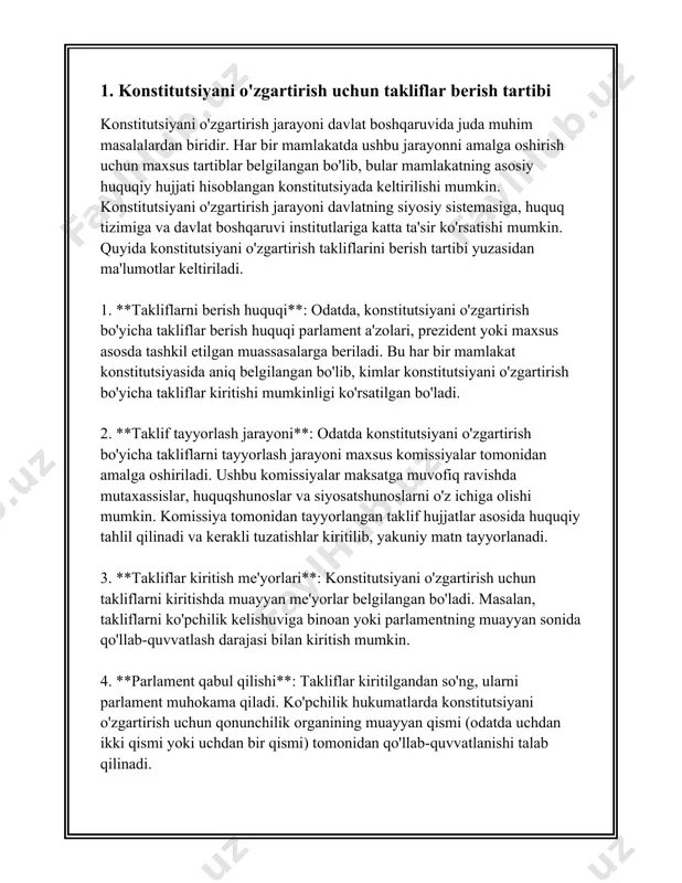 masalalarni o'z ichiga oladi. bu jarayonning maqsadi davlat boshqaruvi tizimini yaxshilash, davlat idoralarining samaradorligini oshirish va fuqarolarning huquq va erkinliklarini kafolatlashdir. konstitutsiyaviy o'zgartirishlar loyihasi odatda bir necha bosqichda amalga oshiriladi. birinchi bosqichda konstitutsiyaviy o'zgartirishlarni amalga oshirish zarurligini aniqlash uchun tahlil qilinadi. bu jarayonda mutaxassislar, ilmiy tadqiqot institutlari va nodavlat tashkilotlarining tavsiyalari ko'rib chiqiladi. ko'p hollarda jamiyatdagi muhim ijtimoiy masalalar va xalqaro tajriba ham inobatga olinadi. maqsad konstitutsiyaviy o'zgartirishlarning asosiy yo'nalishlarini aniqlashdir. ikkinchi bosqich – konstitutsiyaviy o'zgartirishlar loyihasini tayyorlash. loyihani tayyorlashda turli sohalarga ixtisoslashgan ekspertlardan iborat ishchi guruhlar tuziladi. ushbu guruhlar takliflarni ishlab chiqishda xalqning ehtiyojlari va mamlakatning rivojlanish maqsadlarini hisobga oladi. loyihani tayyorlashda xalqaro tajriba, xalqaro huquq normalari va insonga doir huquqlar to'g'risidagi xalqaro hujjatlar inobatga olinadi. uchinchi bosqichda konstitutsiyaviy o'zgartirishlar loyihasi keng muhokama etiladi. muhokamalar parlamentda, jamoatchilik orasida va turli nodavlat tashkilotlar ishtirokida o'tkaziladi. jamoatchilik muhokamalari chog'ida fuqarolarning fikr-mulohazalari va takliflari yig'iladi. muhokamalar davomida aniqlangan muammo va takliflar asosida …