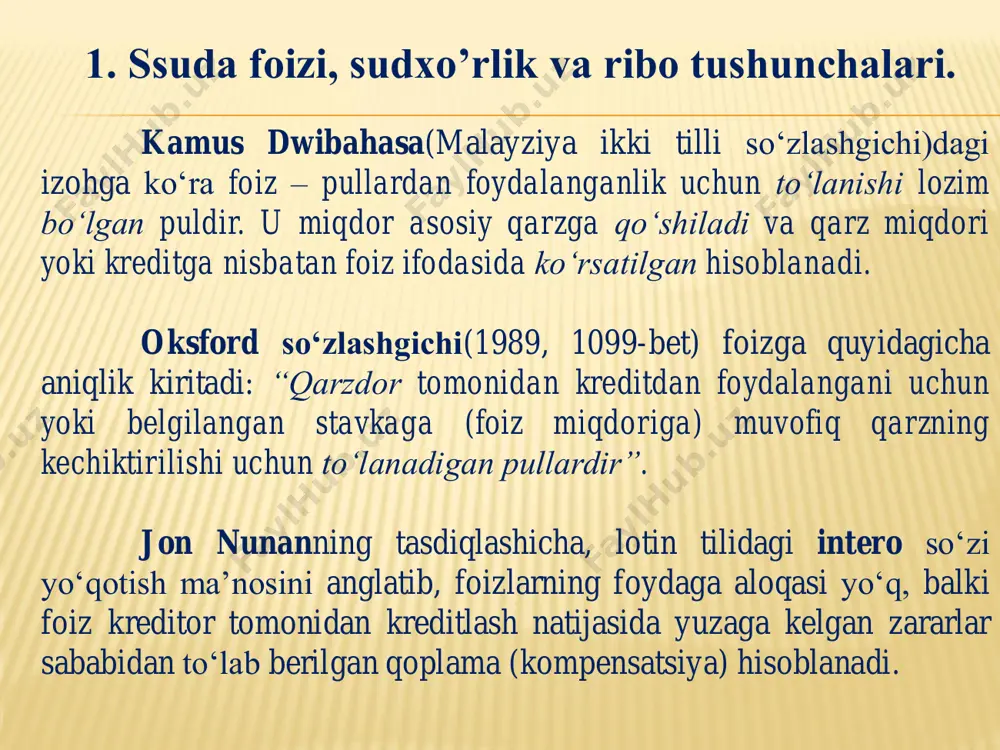 iyasi nomusulmonlar nuqtai nazarida: birinchi guruh nasoroniylikkacha shakllangan guruh bo‘lib, uning ichiga yahudiylar, yunonlar va rimliklar kiradi. ikkinchi guruh esa nasroniylarni o‘z ichiga oladi. islom ikkala guruhni ham tan oladi va ularni injil va tavrot yuborilgan ahli kitob deb ataydi. 2. ssuda foiziga munosabatlar va qarashlar hamda riboning tasniflari. yahudiylarga ham ssuda foizi olish man etilgan. bu taqiq yahudiylikning muqaddas kitobida bayon etib qo‘yilgan. bunda yahudiylarga, kambag‘allarga va jamiyatga qabul qilingan notanish odamlarga qarzlarni foizga berish man etilganligi aytib o‘tilgan. “chiqish” kitobi 22:25 da shunday deyiladi: “agar mening xalqim kambag‘alidan biriga pul bersang, uni kamsitmagin va unga orttirmagin”. (tavrot, chiqish. 22:25) sudda foizi tushunchasi yahudiylar nuqtai nazarida yunonlarda ssuda foizidan foydalanishning taqiqlanishi hech bir qonun manbasida ko‘rsatib o‘tilmagan. yunon sivilizatsiyasi davrida kreditni so‘ndirish va investitsiyalarni qaytarish bo‘yicha bir necha shakldagi foiz stavkalari mavjud edi. foiz stavkasi, odatda, kelib chiquvchi ssuda foizi yoki oddiy foiz stavkasi deb atalgan. kreditlar bo‘yicha foiz …