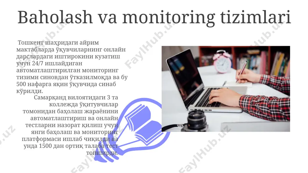 бундай платформалар кўпинча америка қўшма штатларидаги университетларда қўлланилади. zoom ва skype каби видеоконференция дастурлари орқали 50 нафаргача иштирокчи билан реал вақтдаги интерактив дарсларни ўтказиш, масалан, тошкент шаҳридаги мактабларда 2022 йилдан бери амалга оширилмоқда. e'tiboringiz uchun rahmat @taqdimot_robot image4.jpg image5.jpg image6.jpg image7.jpg image8.jpg image9.jpg image10.jpg image11.jpg image12.jpg image1.jpeg image2.jpeg image3.jpeg