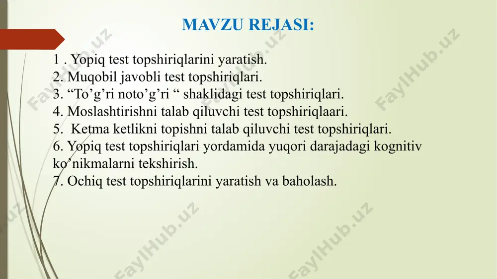 hi, qanday xarakteristikalarga ega bo'iishini aniqlab beradi. masalan, o'quvchilaming bilirnlaridagi bo'shliqlami aniqlash maqsadida ishlatiladigan testga, odatda, o'quvchllar ko'proq xato qiladigan nuqtalar kiritiladi. fanni o'qitishning oxirida c'zlashtirganlikni baholashga qaratilgan testda fanning rnuhim bo'iimlari va qonuniyatlari aks etishi lozim. ikkinchi hosqichda baholarrishi (o'lchanishi) kerak bo'igan domen va konstruktlar aniqlanadi. buning uchun bir qancha usullar qo'llanilishi mumkin: - ta'lim standartlarida belgilangan maqsadlami tahlil etish. uchinchi bosqichda test spetsifikatsiyasi yaratiladi. spetsifikatsiyada baholanishi lozim bo'igan domen va konstruktning har bir elementi qanday va nechta sondagi test topshiriqlari yordamida tekshirilishi aks etadi. test spetsifikatsiyasini yaratishda nafaqat domenning mazmuniga kiruvchi tarkibiy qismlarni, balki test topshiruvchidan tajab qilinadigan kognitiv operatsiya turini ham hisobga olish kerak. buning uchun kognitiv jarayonlami tasniflaydigan nazariy model ishlatiladi. ta'lim va baholash jarayonida keng qo'llaniladigan shunday nazariy modellardan biri aqsh olimi benjamin blum (benjamin bloom) tornonidan yaratiigan bo'iib, blum taksonomiyasi deb ataladi. blum taksonomiyasi - kognitiv (bilish jarayoni bilan bog'liq) ko'nikmalarning iyerarxik (ketma-ketlikka asoslangan) …