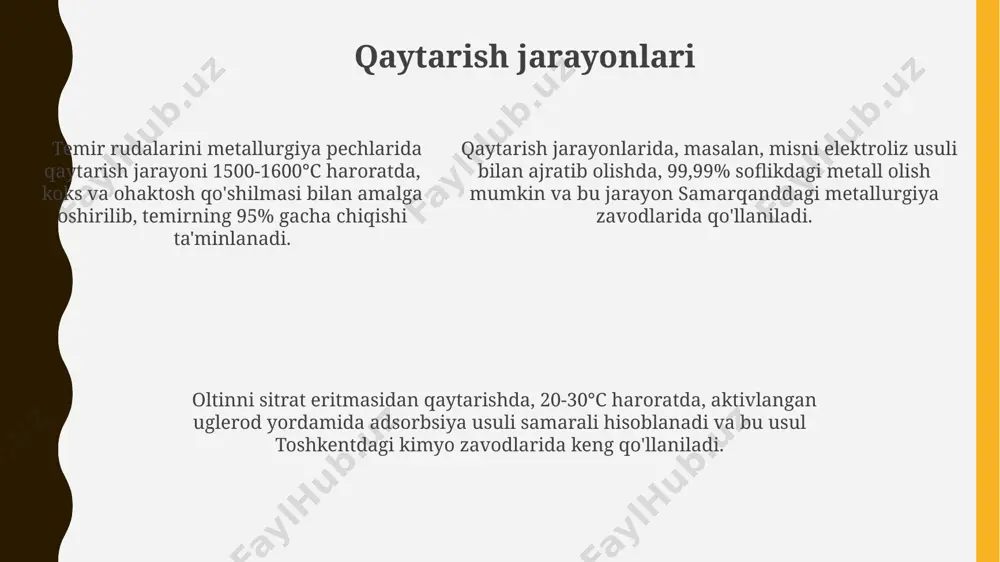 qayta ishlash zavodlarining 70% dan ortigʻi, energiya sarfini kamaytirish va chiqindilarni qayta ishlashni kuchaytirish uchun 2025 yilgacha yangi texnologiyalarni joriy etishni rejalashtirmoqda. misni qayta ishlash jarayonida, masalan, oʻzbekistonning olmaliq kon-metallurgiya kombinatida yiliga 100 ming tonnadan ortiq mis chiqariladi va bu jarayonda 90% dan ortiq foizli qayta ishlash darajasi taʼminlanadi. misni gidrometallurgik usulda qayta ishlashda, 2-3 % li kislota eritmalari yordamida mis sulfidlaridan misni ajratib olish texnologiyasi qoʻllaniladi, bu esa atrof-muhitga kam zarar yetkazadi. atrof-muhit muhofazasi va xavfsizlik texnikasi metallurgiya zavodlarida, masalan, toshkent viloyatida joylashgan korxonalarda, chiqindi suvlarni tozalash uchun 90% dan ortiq samaradorlikka ega bo'lgan maxsus filtrlar qo'llanilishi zarur. rudaning qazib olinishi jarayonida 1000 tonnadan ortiq chang hosil bo'lishi mumkin bo'lgan hududlarda, xavfsizlik niqoblari va maxsus himoya kiyimlarining ishlatilishi majburiydir. rudaning qazib olinishi jarayonida 1000 tonnadan ortiq chang hosil bo'lishi mumkin bo'lgan hududlarda, xavfsizlik niqoblari va maxsus himoya kiyimlarining ishlatilishi majburiydir. tsinkni qayta ishlash rux kontsentratlarini boyitishda flotasiya usuli qoʻllaniladi, …
