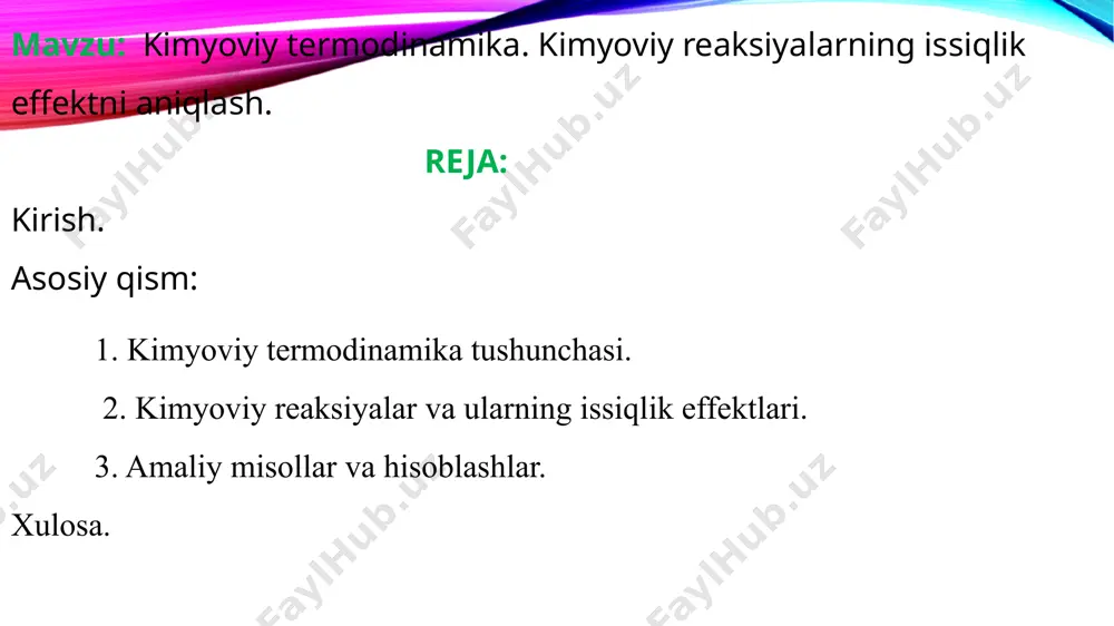 ‘tadi. reaksiyada ajralgan yoki yutilgan issiqlik energiyasi tizimning ichki energiyasi bilan bog‘liq. ikkinchi qonun (entropiya qonuni): har qanday o‘z-o‘zidan boruvchi jarayonlarda entropiya (tartibsizlik darajasi) ortadi. bu qonun reaksiyaning yo‘nalishini aniqlashda muhim. uchinchi qonun (absolyut nol entropiyasi): absolyut nol haroratda (0 k) mukammal kristall modda entropiyasi nolga teng bo‘ladi. termodinamika 2-qonun. termodinamika 1-qonun termodinamika 1-qonun. 2. kimyoviy reaksiyalar va ularning issiqlik effektlari kimyoviy reaksiya — bu moddalar (reaktantlar) o‘zaro ta’sirlashib, yangi moddalarga (mahsulotlar) aylanish jarayonidir. har bir kimyoviy reaksiya davomida energiya o‘zgarishi sodir bo‘ladi. bu energiya issiqlik shaklida ajralishi yoki yutilishi mumkin. reaksiya. ekzotermik reaksiyalar bu reaksiyalar davomida issiqlik ajraladi. tizimdan atrof-muhitga energiya (issiqlik) chiqariladi. odatda bunday reaksiyalar vaqtida harorat oshadi. misollar: yonish reaksiyalari (masalan: ch4+2o2→co2+2h2o+issiqlik\text{ch}_4 + 2o_2 \rightarrow co_2 + 2h_2o + \text{issiqlik}ch4​+2o2​→co2​+2h2​o+issiqlik). neytrallanish reaksiyalari. ko‘pchilik tuzlarning suvda erishi. endotermik reaksiyalar bu reaksiyalar davomida issiqlik yutiladi. atrof-muhitdan tizimga issiqlik o‘tadi. reaksiya vaqtida harorat pasayadi. misollar: ba’zi tuzlarning suvda erishi (masalan: …