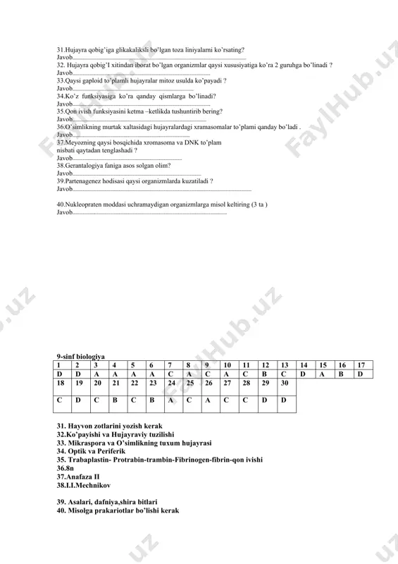 c - 6 d) a - 3; b - 1; c – 2 13. rnk zanjirida uratsil nukleotidlari soni 80 ta bo‘lib, u umumiy nukleotidlarning 40%ini tashkil qiladi. shu rnkni hosil qilgan dnkning uzunligini (nm) toping. (dnk molekulasida qo‘shni nukleotidlar orasidagi masofa 0,34 nm) a) 34 b) 134,6 c) 68 d) 136 14. quyidagi atamalar qaysi sistematik birliklarni ifodalaydi. 1) magnoliyasimonlar; 2) qoqio‘tdoshlar; 3) ismaloq; 4) mushuksimonlar; 5) ituzum; 6) suvda va quruqlikda yashovchilar; 7) lolasimonlar; a) sinf; b) oila; c) turkum a)a - 4, 7; b - 2, 3, 5; c - 1, 6 b)a - 5, 6; b - 1, 3; c - 1, 2, 7 c)a - 1, 3, 6; b - 2, 5; c - 4, 7 d)a - 1, 6, 7; b - 2, 4; c - 3, 5 15. mitozning anafaza va meyozning anafaza ii bosqichlari uchun umumiy bo‘lgan holatlarni belgilang. a) xromatidalar mustaqil …