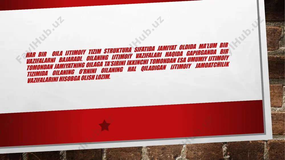 jismoniy tarbiya, axloqiy tarbiya, madaniy, diniy milliy urf odatlarimizga asoslangan komil inson, milliy qadriytlarga asoslangan, estetik tarbiya, ma’naviy tarbiyalar kiradi. oilaning kommunikativ vazifasi oila a’zolrining o’zaro muloqat va o’zaro tushunishga bo’lgan ehtiyojini qondirishga xizmat qiladi. psixologik tatqiqotlarda ta’kidlanioshicha turli ijtimoiy yo’nalganlik ustanovkalar hissiy ma’daniyat odamning axloqiy ma’naviy va psixologik salomatligi oiladagi o’zaro ichki muloqot xarakteri oiladagi katta a’zolarining muloqatda psixologik ustanovlaralni namoyon qiilishlari oiladagi axloqiy-psixologik iqlimga to’ridan to’g’ri bog;liqdir. oilaning kommunikatoiv vazifasi oilaning asosiy vazifalaridan biri bu uning rekreativ vazifasi. oilaning rekreaktiv o’zaro jismoniy moddiy ma’naviy va psixologik yordam ko’rsatish bir birining salomatligini mustahkamlash oila a’zolari bilam dam olishni tashkil etish vazifasidir. nu vazifa keyingi yillarda yana muhim ahamiyat kasb etmoqda. oila a’zolari salomatligini mustahkamlash oila azolarining dam olishini tashkil etish oila azolarining bevosita mehnat o’qish va boshqa ijtimoiy faoliyatlaridan xoli holda yani bo’sh vaqtilarni birgalikda o’rkazishini qanday tashkil qilishlari unda bularning o’zaro munosabatlari xarakteri qanday ekanligi bugungi kun oilasi …