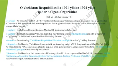 o`zbekiston respublikasida 1991-yildan 1994-yilga qadar bo`lgan o`zgarishlar — PPTX