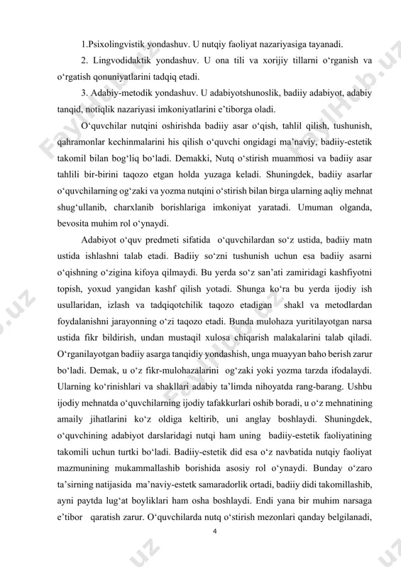da, bevosita muhim rol o‘ynaydi. adabiyot o‘quv predmeti sifatida o‘quvchilardan so‘z ustida, badiiy matn ustida ishlashni talab etadi. badiiy so‘zni tushunish uchun esa badiiy asarni o‘qishning o‘zigina kifoya qilmaydi. bu yerda so‘z san’ati zamiridagi kashfiyotni topish, yoxud yangidan kashf qilish yotadi. shunga ko‘ra bu yerda ijodiy ish usullaridan, izlash va tadqiqotchilik taqozo etadigan shakl va metodlardan foydalanishni jarayonning o‘zi taqozo etadi. bunda mulohaza yuritilayotgan narsa ustida fikr bildirish, undan mustaqil xulosa chiqarish malakalarini talab qiladi. o‘rganilayotgan badiiy asarga tanqidiy yondashish, unga muayyan baho berish zarur bo‘ladi. demak, u o‘z fikr-mulohazalarini og‘zaki yoki yozma tarzda ifodalaydi. ularning ko‘rinishlari va shakllari adabiy ta’limda nihoyatda rang-barang. ushbu ijodiy mehnatda o‘quvchilarning ijodiy tafakkurlari oshib boradi, u o‘z mehnatining amaily jihatlarini ko‘z oldiga keltirib, uni anglay boshlaydi. shuningdek, o‘quvchining adabiyot darslaridagi nutqi ham uning badiiy-estetik faoliyatining takomili uchun turtki bo‘ladi. badiiy-estetik did esa o‘z navbatida nutqiy faoliyat mazmunining mukammallashib borishida asosiy rol o‘ynaydi. bunday o‘zaro …