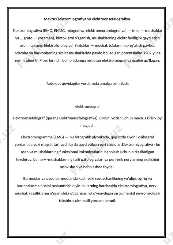 i odamning terisiga o'rnatilgandan so'ng, nervlar bo'ylab elektr stimulyatsiyasi qo'llaniladi, bu esa, masalan, reaktsiyalarni keltirib chiqaradi. , o'rganiladigan vosita va sezgir nerv tolalarini o'tkazish tezligi. bu faqat shifokor tomonidan amalga oshiriladi, u bir martalik igna elektrodlari yordamida mushaklarda dam olish paytida ham, mushaklarning qisqarishi paytida ham hosil bo'lgan elektr faolligini baholaydi.elektromiyografik usullar asab-mushak patologiyalarini o'rganishda foydalidir: yuqori va pastki oyoq-qo'llar bosh; bo'yin; magistral; uro-genital hudud (masalan, inkontinans, erektil buzilishlar, surunkali tos og'rig'i holatlarida). tekshiruv uchun eng ko'p so'raladigan patologiyalar, albatta, periferik nervlarning siqilishi, masalan, karpal tunnel sindromi va turli xil kelib chiqadigan lumbosiatika (bel og'rig'i) yoki servikobraxialgiya (bo'yin og'rig'i) (artrozdan, intervertebral disk muammolari bilan bog'liq va). "qamchilash" da bo'lgani kabi post-travmatik). elektromiyografiyaning yana bir muhim ko'rsatkichi periferik neyropatiyalar, periferik nervlarning funksionalligidagi o'zgarishlar, bu diabet, alkogolizm, kimyoterapiya bilan davolangan neoplazmalar, toksik moddalarga kasbiy ta'sir qilish bilan bog'liq bo'lishi mumkin bo'lgan vosita qiyinchiliklari va / yoki hissiy anormalliklarga olib keladi. kamroq tez-tez …
