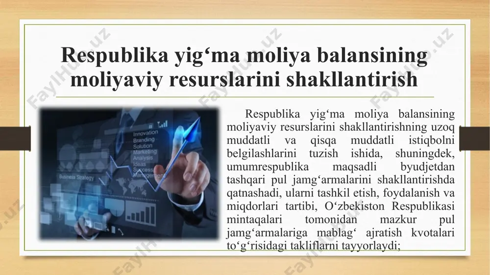 ashkilotlarning mustaqilligi bilan qoʻshib olib borish asosida moliya, sugʻurta, narx belgilashning davlat tomonidan boshqarilishini takomillashtirish; moliya va narx mexanizmining aksil xarajat yoʻnalishini oshirish moliya va narx mexanizmining aksil xarajat yoʻnalishini oshirish, uni resurslarning barcha turlaridan oqilona foydalanishni ragʻbatlantirish tomon yoʻnaltirish, nobudgarchiliklarni bartaraf etish, ishlab chiqarish va muomala chiqimlarini kamaytirish, foyda (daromad)ni koʻpaytirish; sugʻurta munosabatlari barcha qatnashchilarining huquqlari va qonuniy manfaatlarini taʼminlash sugʻurta munosabatlari barcha qatnashchilarining huquqlari va qonuniy manfaatlarini taʼminlash maqsadida oʻzbekiston respublikasi hududidagi sugʻurta tashkilotlari faoliyatini nazorat qilish. vazirlik huzuridagi tashkilotlar byudjetdan tashqari pensiya jamgʻarmasi respublika yoʻl jamgʻarmasi oliy taʼlim muassasalarining moddiy-texnika bazasini rivojlantirish jamgʻarmasi taʼlim va tibbiyot muassasalarini rekonstruksiya qilish, mukammal taʼmirlash va jihozlash jamgʻarmasi respublika maqsadli kitob jamgʻarmasi qishloq xoʻjaligini texnika bilan taʼminlashni davlat tomonidan qoʻllab-quvvatlash jamgʻarmasi sugʻoriladigan yerlarning meliorativ holatini yaxshilash jamgʻarmasi vazirlar 1991-1996 — erkin boqiboyev 1996-1998 — baxtiyor hamidov 1998-2000 — rustam azimov 2000-2004 — mamarizo nurmurodov 2004-2005 — saidahmad rahimov 2005-2016 — rustam …