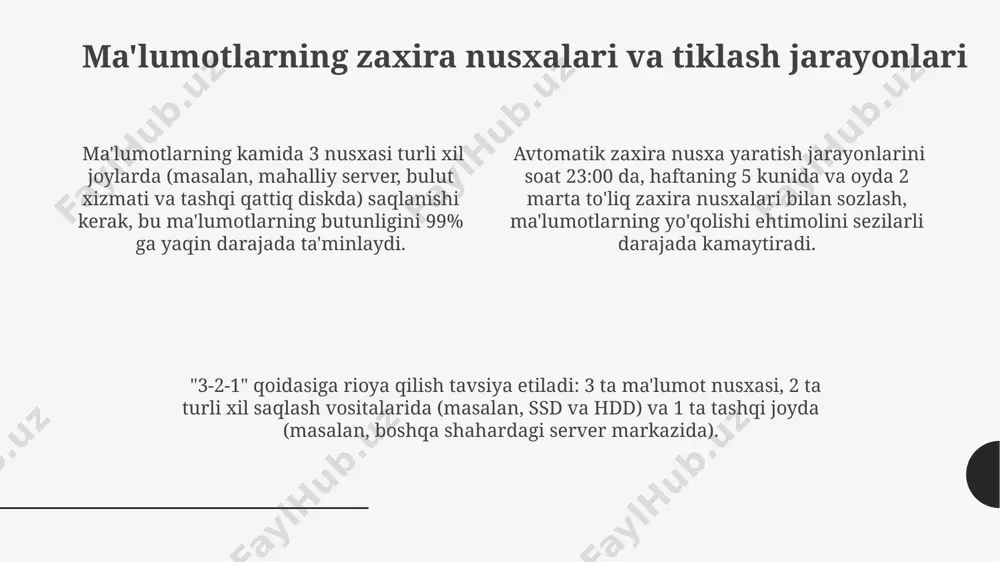 iga kirishni nazorat qilish uchun 128 bitli aes shifrlash va foydalanuvchilarning rolga asoslangan kirish huquqlarini qo'llash orqali ma'lumotlarning o'zgartirilishi yoki noqonuniy kirishdan himoya qilish mumkin. xatolarni aniqlash va tuzatish kodlari cheklovli takrorlash (crc) yordamida 32 bitlik crc-32 algoritmi katta hajmdagi ma'lumotlarni himoya qilishda ishlatiladi va internetdagi fayl uzatmalarida keng tarqalgan. xatolarni aniqlash va tuzatish kodlari, masalan, hamming kodi, 7 bitlik ma'lumotlarga 4 bitlik tekshirish biti qo'shib, 1177 dan ortiq xatolarni aniqlash va tuzatish imkonini beradi. reed-solomon kodlari keng qo'llaniladi, chunki ular 255 baytgacha uzatilgan ma'lumotlardagi bir nechta xatolarni tuzata oladi va nasa kosmik missiyalarida ishlatiladi. versiya nazorati tizimlari versiya nazorati tizimlari, masalan, git, 2005-yilda linus torvalds tomonidan yaratilgan bo'lib, millionlab dasturchilar tomonidan dunyo bo'ylab keng qo'llaniladi va kodning xavfsizligini ta'minlaydi. versiya nazorati tizimlaridan foydalanish, kaliforniyadagi yirik kompaniyalar kabi, 500 dan ortiq xodimlarga ega tashkilotlarda ma'lumotlar yo'qolishi xavfini 90% ga kamaytiradi. bitta faylning turli versiyalarini saqlash orqali, versiya nazorati tizimlari 1000 …