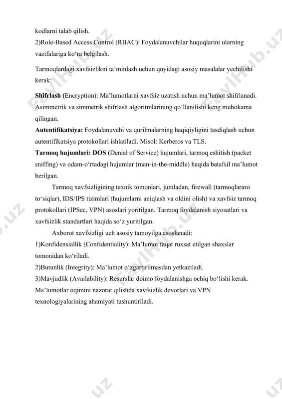 1,200 dan ortiq xavfsizlik bo'shlig'ini bartaraf etilgan. 7. xodimlarni o'qitish va ongli bo'lishini ta'minlash: ko'pgina xavfsizlik hodisalari inson xatoliklari sababli sodir bo'ladi. shu sababli, xodimlarni axborot xavfsizligi bo'yicha muntazam ravishda o'qitish va ularni xabardor qilish muhimdir. 2023 yilgi statistikaga ko'ra, tashkilotlarning 85% i o'z xodimlarini kiberxavfsizlik bo'yicha o'qitishda ishtirok etgan. 8. monitoring va loglash: tizimda sodir bo'ladigan barcha harakatlarni kuzatib borish va qayd etish (loglash) xavfsizlikka jiddiy tahdid soluvchi holatlarni aniqlashda yordam beradi. siem (security information and event management) tizimlari bunday ma'lumotlarni yig'ish va tahlil qilishda qo'llaniladi. masalan, 2022 yilgi ma'lumotlarga ko'ra, korxonalarning 60% ida siem tizimlari joriy etilgan. ushbu metodlar orqali axborot xavfsizligini ta'minlash va xavf-xatarlarni minimallashtirish mumkin. bu usullarni muntazam ravishda takomillashtirish va qo'llash orqali tashkilotlar va shaxslar o'z axborotlarini kiber tahdidlardan himoya qilish imkoniyatiga ega bo'ladi. 2. kiberxavfsizlik tahdidlari va ularning oldini olish kiberxavfsizlik tahdidlari zamonaviy dunyoda katta muammo hisoblanadi va ko'plab sohalarga ta'sir ko'rsatmoqda. texnologiya rivojlanishi …