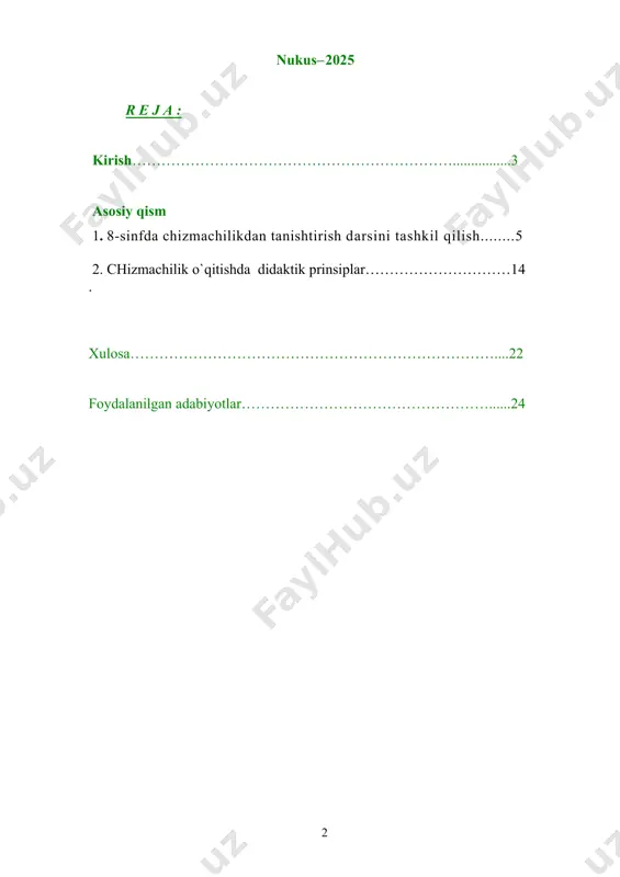 zamonaviy tuzilmalariga qat`iy o`tish mineral resurslarni kompleks qayta ishlash va ko`p bilim talab qiladigan tayyor mahsulotlar ishlab chiqarish bo`yicha tarmoqlar tizimini shakllantirishni talab qiladi». chizmachilik fanida yakka topshiriqlar xilma-xildir. malakaviy ishning hajmi, ularning barchasining ustida to`xtalib o`tishga imkon beradi. chizmachilik fanini yaxshi o`zlashtirib olinsa, proektsion mashinasozlikda, arxitektura, perspektiva bilishlarida as qotadi.xulosamning mazmuni shundan iboratki, geometrik va proektsion chizmachilikda grafik ishlarni ishlash ularni amalga oshirish davomida ishlarni qonun –qoidaga binoan chiziq turlari va ketma-ketlik bajarilishi haqida malakaviy ishimning yozmasida keng va tushunarli qilib yoritishga harakat qildim. fan va texnikani rivojlavntirish malakali xodimlar tayyorlash, ularni tarbiyalash esa, uz navbatida, ta`lim-tarbiya orqali amalga oshiriladi. bu, umumta`lim maktablarida o`quvchilarni sinfdan tashqari tarbiyaviy ishlar jarayonida hal qilishni taqoza etadi. ayniqsa texnika taraqqiyoti va me`morchilik ravnaqi matematika, handasa, trigonometriya, falakiyot va chizmachilik fanlari bilan bevosita bog`liqdir. fazoviy tasavvurlar, turli loyiha chizmalari chizmachilik qonuniyatlari asosida qog`ozga tushiriladi. o`sha kog`ozdagi chizma-loyihalar muayyan texnologiya or kali jonlantirilib, xalq hayoti …