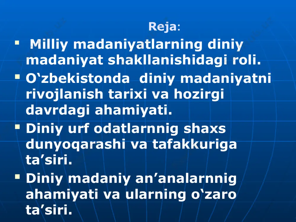 ahon sahnasidagi in’ikosi desak to’g’ri deb o’ylayman. milliy madaniyat haqida so’zlar ekanmiz millatimiz, milliy madaniyatimiz haqida har qancha g’urur va iftixor bilan so’zlashdan to’xtamasak bo’ladi. 8 zardushtiylikning axloqiy-falsafiy ta’limoti ezgu fikr ezgu so’z ezgu amal to‘g‘rilik, rostgo‘ylik, poklik, halollik, ezgulik, yaxshilik, saxovat, do‘stlik, birodarlik, o‘zaro totuvlik, hamjihatlik, tinchlik osoyishtalik dini. islom islom davri diniy madaniyat yo‘nalishlari hadisshunoslik tasavvuf islom me’morchiligi kalom ilmi shariat ilmi obrazets teksta vtoroy uroven tretiy uroven chetvertiy uroven pyatiy uroven obrazets teksta vtoroy uroven tretiy uroven chetvertiy uroven pyatiy uroven obrazets teksta vtoroy uroven tretiy uroven chetvertiy uroven pyatiy uroven islom dinida ko‘plab marosimlar mavjud bo‘lib, ular mazmuniga ko‘ra shodiyona yoki marsiyaviy harakterga ega bo‘ladi hamda majburiy va majburiy bo‘lmagan guruhlarga ajratiladi . . tarixga nazar islom olamida qiyosiy dinshunoslik sohasida ham salmoqli ishlar qilingan. ulardan: abu rayhon beruniyning «qadimgi xalqlardan qolgan yodgorliklar», ibn nadimning «ko‘rsatkich», muhammad ibn huzaylning «majusiylik va ko‘pxudolik kitobi», abul-abbos ibn muhammad …