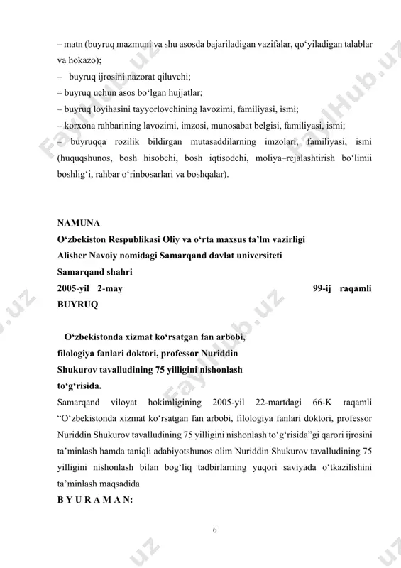 ltetlarda adib hayoti va ijodiga bag‘ishlsngan adabiy-badiiy kechalar, davra suhbatlari tashkil qilish; 3.3. professor nuriddin shukurov xotirasini abadiylashtirish maqsadida o‘zbek filologiyasi fakultetida professor nuriddin shukurov nomidagi o‘quv xonasi tashkil etish va uni jihozlash kabi tashkiliy vazifalar yuklatilsin. 4. adabiyotshunos olim nuriddin shukurov tavalludining 75 yilligiga bag‘ishlangan konferensiyaning dasturiga kiritilgan mualliflarning maqola va ma’ruzalar materiallarini tanlash, ularni nashr qilish uchun tavsiya etish bo‘yicha takliflar tayyorlash uchun quyidagi tarkibda dasturiy qo‘mita tuzilsin: 4.1. professor umurov h.i. – hozirgi zamon o‘zbek adabiyoti kafedrasi midiri, dasturiy qo‘mita raisi. 4.2. dotsent absamiyev h.a. – hozirgi zamon o‘zbek adabiyoti kafedrasi, a’zo. 4.3. dotsent hasanov sh.a. – hozirgi zamon o‘zbek adabiyoti kafedrasi, a’zo. 4.4. f.f.n. nosirov a.n. – hozirgi zamon o‘zbek adabiyoti kafedrasi, mas’ul kotib. 5. konferensiya materiallari(maqolalar to‘plami)ni chop etish uchun quyidagi tarkibda tahririyat hay’ati tuzilsin: 5.1. professor umurov h.i. – hozirgi zamon o‘zbek adabiyoti kafedrasi midiri, mas’ul muharrir. 5.2. meliyev q.y. – nashr-matbaa markazi boshlig‘i, …