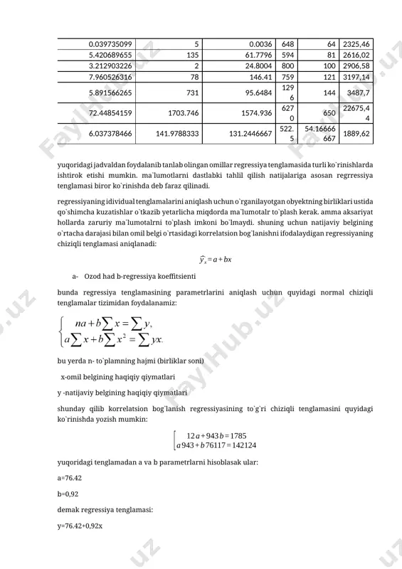 glamasi aniqlanadi: a- ozod had b-regressiya koeffitsienti bunda regressiya tenglamasining parametrlarini aniqlash uchun quyidagi normal chiziqli tenglamalar tizimidan foydalanamiz: bu yerda n- to`plamning hajmi (birliklar soni) x-omil belgining haqiqiy qiymatlari y -natijaviy belgining haqiqiy qiymatlari shunday qilib korrelatsion bog`lanish regressiyasining to`g`ri chiziqli tenglamasini quyidagi ko`rinishda yozish mumkin: yuqoridagi tenglamadan a va b parametrlarni hisoblasak ular: a=76.42 b=0,92 demak regressiya tenglamasi: y=76.42+0,92x ushbu regresssiya tengglamasidan foydalanib y ning hisoblangan qiymatlarini topamiz. regressiya tenglamasida x- omil belgi oldidagi b koeffitsient iqtisodiy taxlil uchun katta ahamiyatga ega u regressiya koeffitsienti deb ataladi va x-omilning samaradorligini ko`rasatadi.omil bir birlikka oshganda natija o`rtacha qancha miqdorga oshishini ifodalaydi. 2)to`g`ri chiziqli bog`lanishning zichlik darajasi korrelasiyya koeffitsienti bilan baholanadi: korellasiya koeffitsienti -1:1 oralig`ida yotadi musbat ishora to`g`ri bog`lanish, manfiy ishora teskari bog`lanishni ifodalaydi.chiziqli korellatsiya koeffitsientini hisoblash formulasi quyidagicha: bu yerda va mos ravishdsa x va y o`zgaruvchilarning o`rtacha kvadratik chetlanishidir va ulart quyidagi formulalar bilan hisoblanadi: 154.925/(12.95*16.533)=0.72 12.95 …