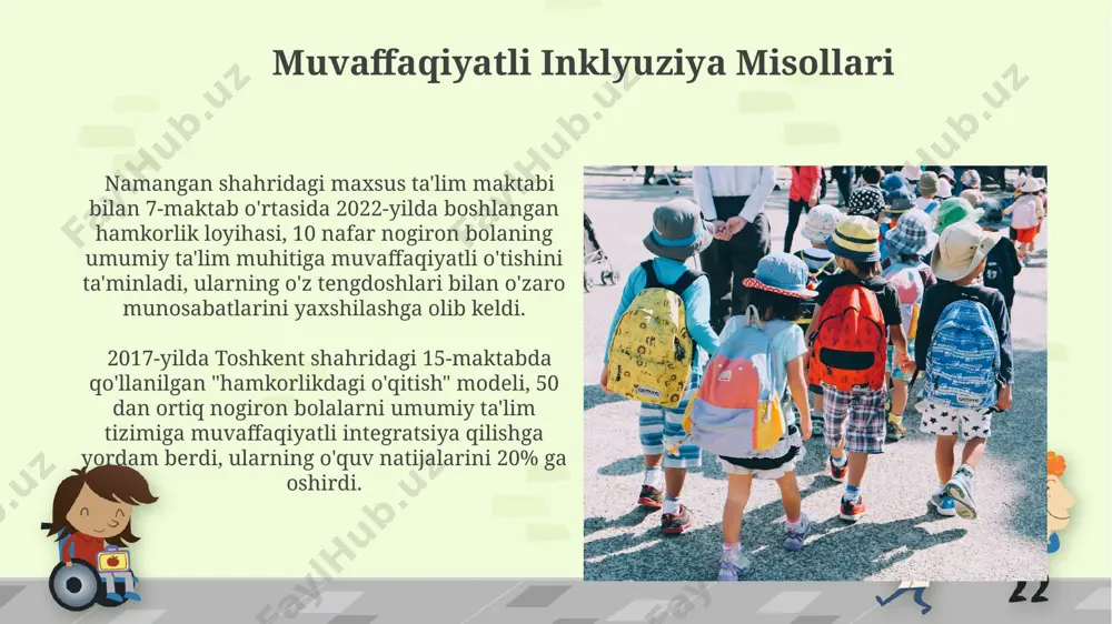 rtig'ida, o'quvchilarning psixologik va fiziologik xususiyatlarini aniqlash uchun psixolog va defektolog xizmatlari mavjud. inklyuziv ta'limning asosiy tamoyillari inklyuziv ta'limning asosiy tamoyillaridan biri – barcha 7 yoshdan 18 yoshgacha bo'lgan bolalar, shu jumladan, nogironligi bo'lgan bolalar ham mahalliy maktablarda o'qish imkoniyatiga ega bo'lishi kerak, masalan, toshkent shahri kabi yirik shaharlarda. samarqand viloyatida amalga oshirilayotgan inklyuziv ta'lim loyihasi shuni ko'rsatadiki, 5 dan ortiq turdagi nogironligi bo'lgan bolalar uchun qo'llab-quvvatlovchi xizmatlar va moslashtirilgan resurslarni taqdim etish muhim ahamiyatga ega. e'tiboringiz uchun rahmat @taqdimot_robot image6.jpg image7.jpg image8.jpg image9.jpg image10.jpg image11.jpg image12.jpg image13.jpg image14.jpg image1.png