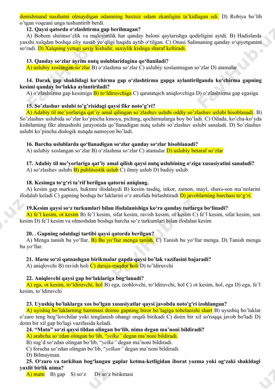 -sa c) zeroki, yo, bo‘lsa, shuning uchun d) dam..., dam..., esa, -u, shu tufayli 7. qaysi vosita orqali bog‘langanda qo‘shma gap qismlari ergash gap + bosh gap shaklida bo‘ladi? a) shuning uchun b) negaki c) -ki yuklamasi d) bo‘lsa, esa so‘zlari 8. bo‘lsa, esa so‘zlari qaysi turdagi qo‘shma gap qismlarini bog‘laydi? a) bog‘langan qo‘shma gap, ergashgan qo‘shma gap b) ergashgan qo‘shma gap c) bog‘langan qo‘shma gap d) bog‘lovchisiz qo‘shma gap 9. muallif gapi va ko‘chirma gapdan tashkil topgan gap… a) bog‘langan qo‘shma gap b) bog‘lovchisiz qo‘shma gap c) murakkab qo‘shma gap d) ko‘chirma gapli qo‘shma gap 10. ayiruv bog‘lovchilaridan qaysi biri yolg‘iz holda ham, takror holda ham qo‘llanishi mumkin? a) goh…, goh b) dam…, dam c) yo…, yo d) ba’zan…, ba’zan 11. o‘zlashtirma gap berilgan qatorni aniqlang. a) o’z o’rnida aytilmagan so’z hech kim yo’q yerda chalingan kuyga o’xshaydi. b) “yaxshi fe’l bilan kishilar ko‘nglini olib, o‘zingni yomon qiliqlardan saqlab …