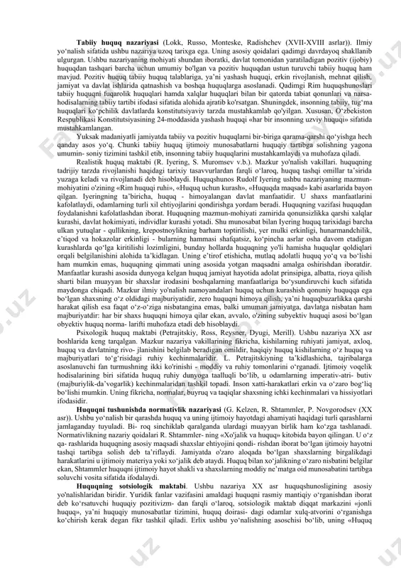 uyidagilarda namoyon bo‘ladi: - ular birgalikda normativ tartibga solish tizimini tashkil etuvchi ijtimoiy normalardan iboratdir; - falsafiy nuqtai nazardan huquq va axloq - ijtimoiy-iqtisodiy, madaniy va boshqa omillar bilan bir xil darajada bog‘liq bo‘lgan ustqurma kategoriyalardir; - huquq va axloq mavjud ijtimoiy munosabatlardan iborat birdan-bir boshqarish obyektiga ega hamda ularning har ikkalasi ham shaxslar va ularning jamoalariga yo'naltirilgan; - huquq va axloq normativ hodisalar sifatida shaxslarning zarur va mumkin bo‘lgan xatti-harakatlari chegaralarini belgilaydi hamda shaxsiy va ijtimoiy ehtiyojlarni uyg'unlashtirish vositasi sifatida maydonga chiqadi; - inson faoliyatini tartibga soluvchi omil sifatida ular shaxs irodasining erkinligi va xatti-harakatlarini tanlash imkoniyatlariga asoslanadi; - huquq va axloq oxir-oqibatda bir xil vazifa, ya’ni ijtimoiy hayotni tartibga solish va takomillashtirish, unga tashkiliy asoslarni kiritish, adolat va insonparvarlik tamoyillarini qaror toptirish vazifalarini ko‘zda tutadi. huquq va axloq normalari bir-biridan quyidagi jihatlar bo‘yicha farqlanadi: 1. huquq va axloq bir-biridan, eng avvalo, o‘rnatilishi, shakllanish usullari va manbalari bo‘yicha farq …
