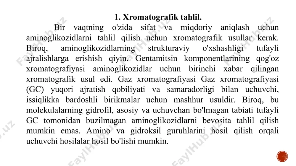 tadqiqotda mayhew va gorbach tomonidan tasvirlangan 2 bosqichli tmsi-hfbi derivatizatsiyasi teskari tartibda qo'llaniladi. ushbu protsedura asl tmsi-hfbi derivatizatsiyasiga qaraganda yaxshiroq natijalar beradi. taqqoslash uchun, tmsi va hfbi bilan 2 bosqichli derivatizatsiya tmsdea bilan sililatsiyadan ustunroq ko'rinadi, asosiy afzallik yuqori derivatizatsiya rentabelligi va yanada barqaror hosilalardir. 2 bosqichli derivatizatsiya usuli ko'proq aminoglikozidlar uchun ham qo'llaniladi va tmsdea asosidagi usul bilan solishtirganda ko'proq ichki standartlar mavjud. tmsdea usullaridan farqli o'laroq, individual aminoglikozidlar tmsi-hfbi usullarida boshqa aminoglikozidlarning tahlillarini buzmaydi. hfbi derivatizatsiyasi elektron tutib olish detektoridan (ecd) foydalanishga imkon beradi, bu esa olovni ionlash detektori (fid) yordamida usullar bilan solishtirganda usulning yuqori selektivligi va sezgirligini ta'minlaydi. aminoglikozidlar uchun gc usullarining asosiy zaifligi kapillyar ustunli ilovalarning yetishmasligidir. 2. teskari fazali xromatografiya. ularning qutbli va ionli tabiati tufayli aminoglikozidlar odatda teskari fazali ustunlarga bo'linmaydi. c18 ustunlariga bo'linish mobil fazada asetat buferi yordamida yaxshilanishi mumkin. asetat ioni aminoglikozidlar bilan ion juftlarini hosil qilib, qarshi ion vazifasini bajaradi. …