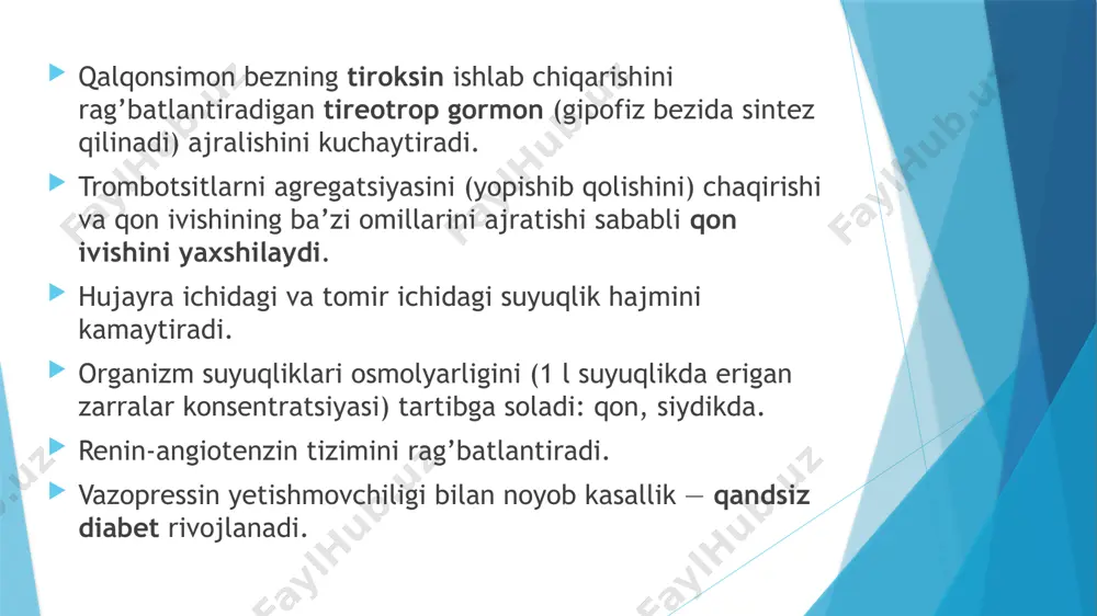a biroz kattaroq go’daklarda (ayniqsa nefrogen turida) kasallikning namoyon bo’lishi kattalarnikidan farq qiladi va yorqin namoyon bo’ladi. bir yoshgacha bo’lgan bolalarda kasallik belgilari quyidagicha bo’ladi: chaqaloq ona sutidan ko’ra suvni afzal ko’radi, lekin ba’zan chanqoqlik bo’lmaydi; chaqaloq tez-tez va ko’p miqdorda siyadi; tashvishlanishi mavjud bo’ladi; tana vazni tezda yo’qotiladi (bola tom ma’noda «ko’z oldida» ozib ketadi); to’qimalarning turgori pasayadi (agar teri bir qavatga to’planib, qo’yib yuborilsa, u normal holatga asta-sekin qaytadi); ko’z yosh oz bo’ladi yoki umuman bo’lmaydi; tez-tez takrorlanadigan qayt qilish kuzatiladi; yurak ritmi tezlashadi; tana harorati tezda ko’tarilishi va pasayishi mumkin. bir yoshgacha bo’lgan bolalar suv ichish istagini ifoda eta olmaydi, shuning uchun ko’pincha ularning holati yomonlashadi: hushini yo’qotadi va tutqanonqlar rivojlanishi mumkin. afsuski, hatto ba’zan o’lim ham yuz beradi. tashxislash birinchidan, shifokor bir nechta narsalarga aniqlik kiritadi: bemor qancha suyuqlik ichishi va qancha miqdorda siydik chiqarishi. agar uning hajmi 3 litrdan ko’p bo’lsa, bu qandsiz diabet foydasiga …