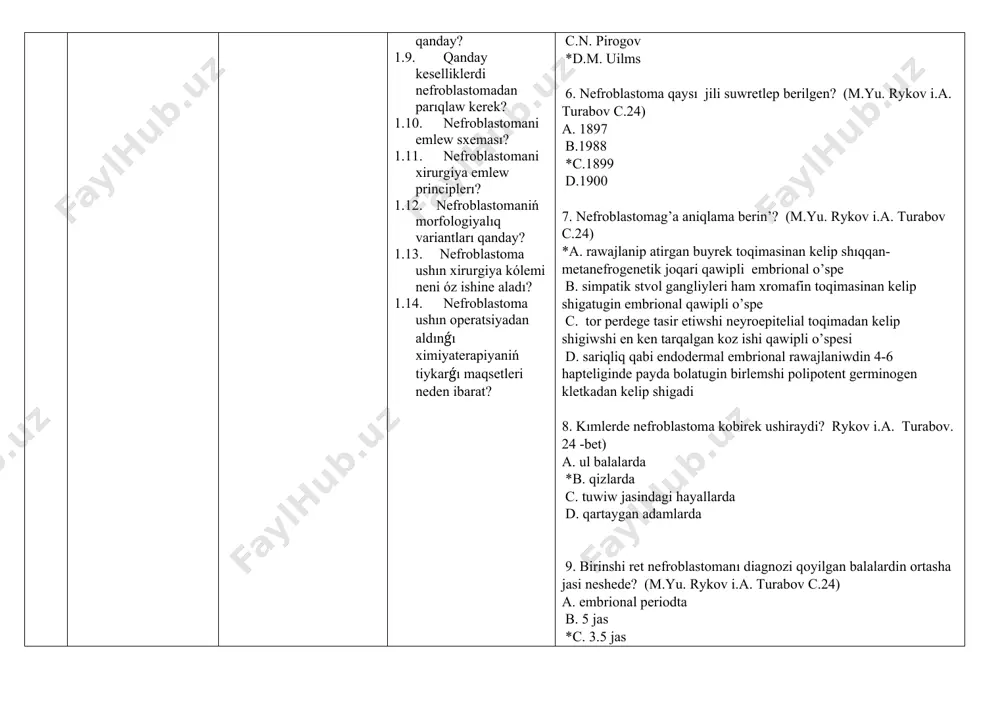 efroblastoma qaysı jili suwretlep berilgen? (m.yu. rykov i.a. turabov c.24) a. 1897 b.1988 *c.1899 d.1900 7. nefroblastomag’a aniqlama berin’? (m.yu. rykov i.a. turabov c.24) *a. rawajlanip atirgan buyrek toqimasinan kelip shıqqan-metanefrogenetik joqari qawipli embrional o’spe b. simpatik stvol gangliyleri ham xromafin toqimasinan kelip shigatugin embrional qawipli o’spe c. tor perdege tasir etiwshi neyroepitelial toqimadan kelip shigiwshi en ken tarqalgan koz ishi qawipli o’spesi d. sariqliq qabi endodermal embrional rawajlaniwdin 4-6 hapteliginde payda bolatugin birlemshi polipotent germinogen kletkadan kelip shigadi 8. kımlerde nefroblastoma kobirek ushiraydi? rykov i.a. turabov. 24 -bet) a. ul balalarda *b. qizlarda c. tuwiw jasindagi hayallarda d. qartaygan adamlarda 9. birinshi ret nefroblastomanı diagnozi qoyilgan balalardin ortasha jasi neshede? (m.yu. rykov i.a. turabov c.24) a. embrional periodta b. 5 jas *c. 3.5 jas d. 10 jas 10. ulken jasli adamlar rakinan pariqli turde. nefroblastoma etiologiyasinda ne rol oynamaydi? (m.yu. rykov i.a. turabov 25 -bet) a. natuwri awqatlaniw *b. …