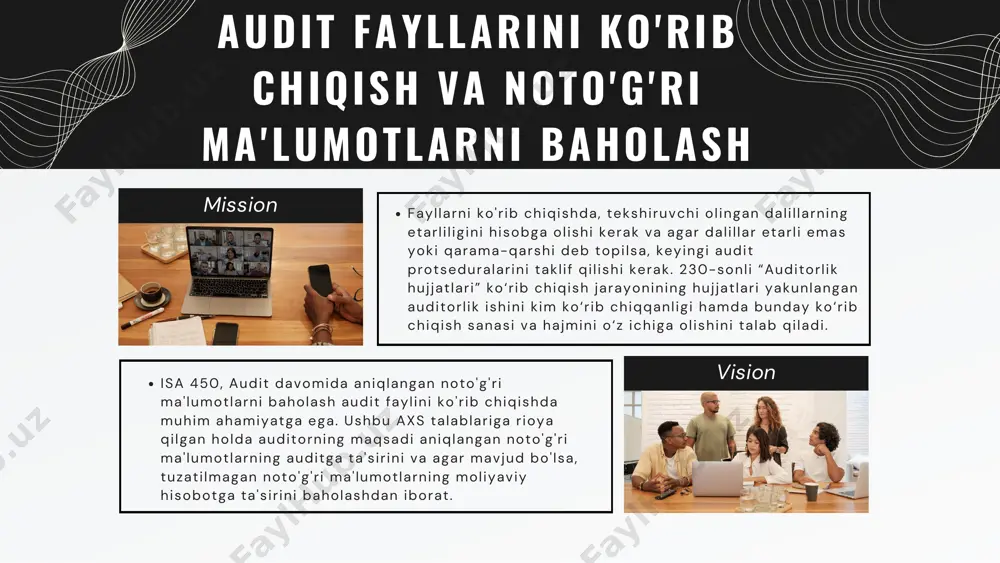 larni ham o'qib chiqishi kerak. bu juda muhim, chunki nomuvofiqliklar auditorlik xulosasiga ta'sir qilishi mumkin. boshqa ma'lumotlarning o'ziga xos moddalari ba'zi yurisdiktsiyalarda maxsus tartibga solinadi - masalan, buyuk britaniya va irlandiyada auditorlik hisobotida direktorlar hisoboti moliyaviy hisobotga mos keladimi yoki yo'qmi, ko'rsatilishi kerak. keyingi voqealar va doimiy faoliyat tartiblari audit oxir ida ayniqsa dolzarb bo' lgan ikkita axs mavjud. bir inchisi , 560-sonl i “ keyingi voqealar” bo‘ l ib , u auditordan moliyaviy hisobot sanasi va auditor l ik hisoboti o‘rtasida ro‘y bergan barcha hodisalar to‘g‘r i lanishi yoki mol iyaviy hisobotda oshkor eti l ishini talab qi luvchi yetar l i darajada tegishl i auditor l ik dal i l lar ini ol ish uchun auditor l ik protseduralar ini bajar ishini talab qi ladi . aniqlangan. keyingi voqealar va doimiy faoliyat tartiblari odatda, auditor keyingi voqealar bi lan bog' l iq maxsus ish dasturiga r ioya qi …