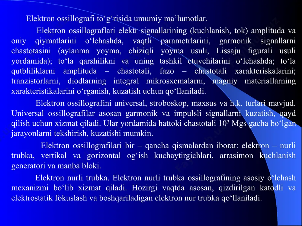 i ikki parametrik tenglamani kvadratga ko‘tarib qo‘shsak va ni hisobga olsak, a radiusli aylana tenglamasi hosil bo‘ladi. aylanma yoyma usuli bilan chastota topilayotganda noma’lum chastotali kuchlanish (signallar geniratoridan) ossillografning setkasiga (boshqaruvchi elektrodiga) beriladi (2 rasm) va noma’lim chastota quyidagi formula yordamida hisoblanadi: , эътиборингиз учун рахмат !!!