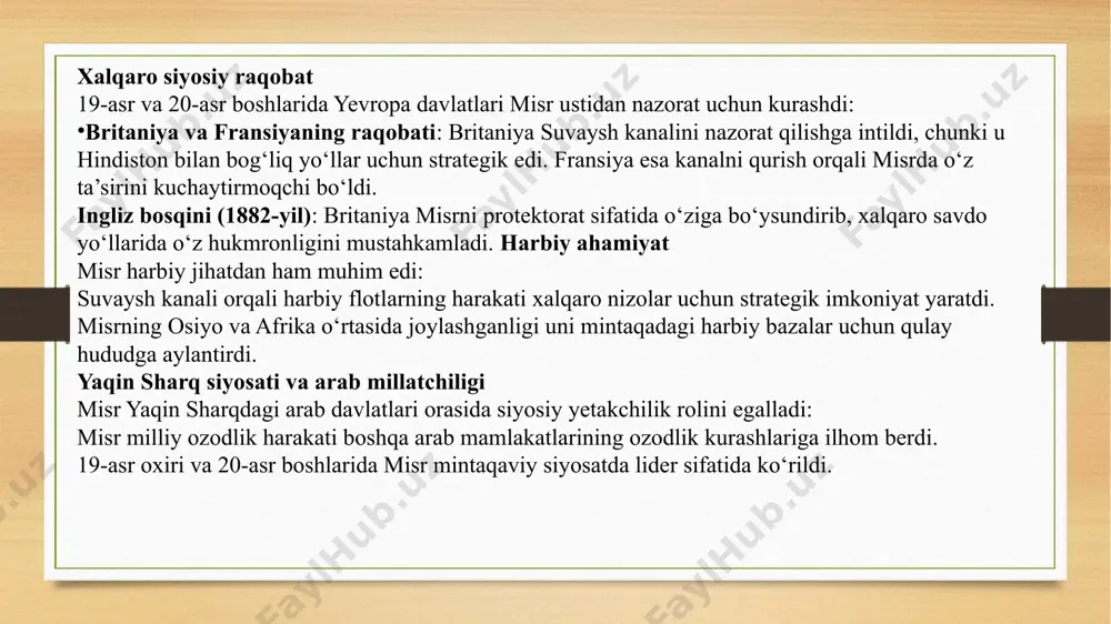 sh uchun raqobatlashdi. britaniya kanalni o‘z imperiyasi uchun hal qiluvchi qism deb bilgan. usmoniylar va arab dunyosidagi ahamiyati: usmoniylar imperiyasi nazoratning yo‘qotilishiga qaramay, misrni arab dunyosining markaziy qismi sifatida saqlashga harakat qildi. mustaqillik harakatlariga ta’siri: 1919-yildagi inqilob va 1922-yilda misrning shartli mustaqilligi kanal masalasini xalqaro kun tartibidan tushirmadi. misrning geografik joylashuvi va suvaysh kanali xalqaro siyosatda uning strategik o‘rnini belgilab berdi. misr, ayniqsa, yevropa davlatlari raqobati va iqtisodiy manfaatlarining markazida bo‘lib, harbiy va diplomatik jihatdan katta ahamiyatga ega edi. bu o‘rni misrni xalqaro munosabatlarning ajralmas qismiga aylantirdi. misr masalasining xalqaro munosabatlardagi murakkabligi 19-asr va 20-asr boshlarida misr xalqaro siyosatning eng murakkab masalalaridan biri bo‘lib, uning geografik joylashuvi, iqtisodiy resurslari va suvaysh kanalining strategik ahamiyati tufayli xalqaro kuchlar o‘rtasida raqobatning markaziga aylandi. quyida bu murakkablikning asosiy jihatlari yoritiladi: suvaysh kanali sababli xalqaro raqobat suvaysh kanali (1869-yilda qurilgan) misr masalasini xalqaro siyosatda markaziy masalaga aylantirdi: yevropa davlatlarining manfaatlari: kanal yevropa va osiyo …