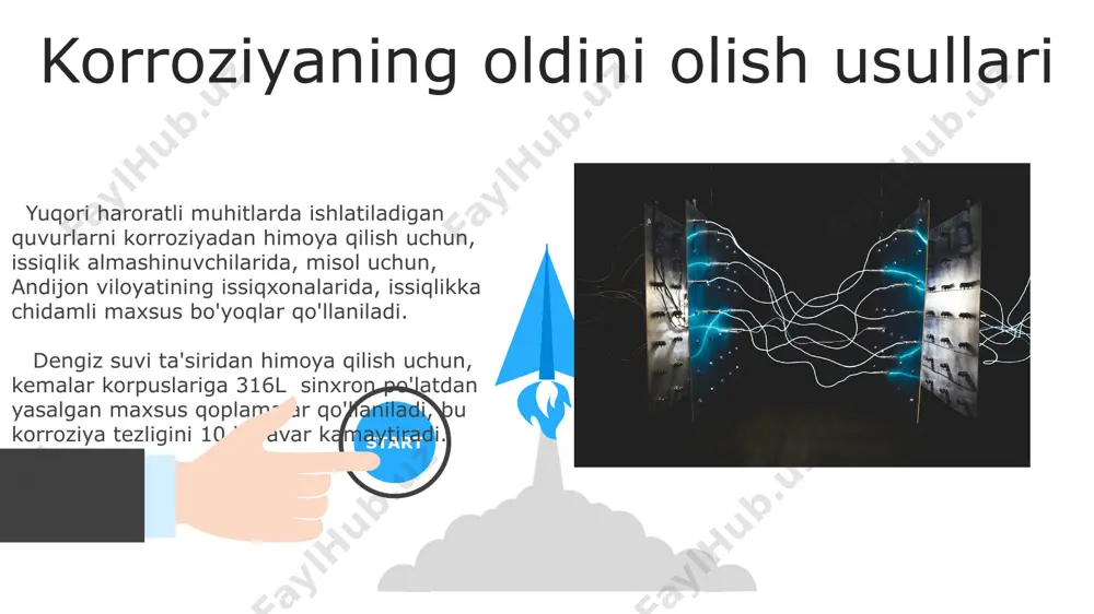 rroziya tezligiga ta'sir qiladi. masalan, kubik markazlashgan panjara tuzilishiga ega alyuminiy, 700°c haroratda ham yuqori korroziyaga chidamlilik ko'rsatkichlariga ega. temirning korroziyaga chidamliligi uning tarkibidagi uglerod miqdoriga bog'liq: 0,2% dan kam uglerodli po'latlar 10% gacha yuqori korroziyaga chidamlilikka ega, masalan, avstraliyada ishlab chiqariladigan ba'zi po'lat navlari. korroziyani nazorat qilish texnologiyalari korroziyani nazorat qilishning samarali usullaridan biri, masalan, neft va gaz quvurlarini himoya qilishda ishlatiladigan, 10-15 mikrometr qalinlikdagi polimer qoplamalarni qo‘llash hisoblanadi, bu esa rossiya va qozog‘iston hududlarida keng qo‘llaniladi. korroziya inhibitorlarining, xususan, benzotriazolning (bta) 0,1-0,5% eritmalarining qo‘llanilishi, po'lat buyumlarning suv muhitida korroziyasini sezilarli darajada kamaytiradi, bu esa evropa mamlakatlarida keng tarqalgan usul hisoblanadi. 06 05 04 korroziya jarayonining mexanizmlari 01 02 elektroximiyaviy korroziya jarayoni metall yuzasida elektrod potensiallarining farqi tufayli 0,1-1,0 v oraligʻida hosil boʻladi, bu esa metallning ionlarga aylanishiga va keyinchalik korroziya mahsulotlarining hosil boʻlishiga olib keladi, masalan, temirning zanglashi. mikrobiologik korroziya jarayoni bakteriyalar, masalan, sulfat kamaytiruvchi bakteriyalar (srb) ishtiroki …