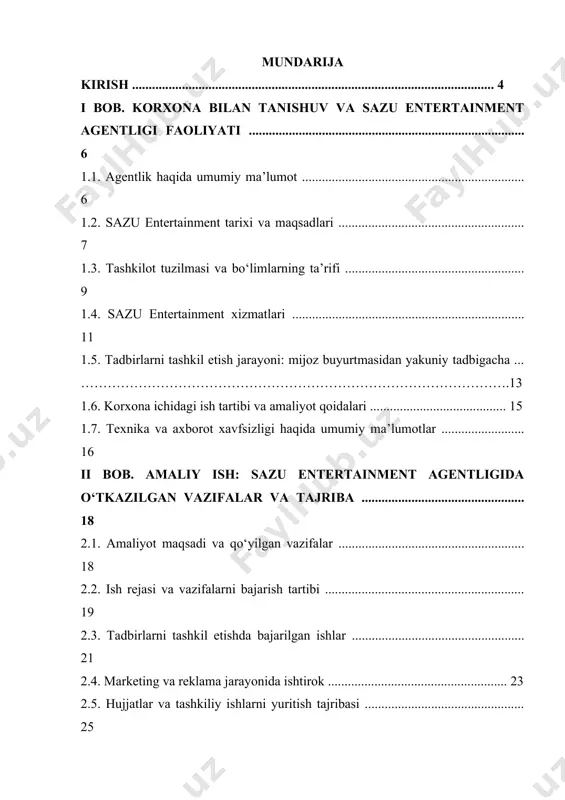 shlarida qatnashuv ............................................ 27 2.7. amaliyot davomida duch kelgan muammolar va ularni hal etish usullari ....... 29 2.8. ish samaradorligini oshirish bo‘yicha takliflar va optimizatsiya rejasi ............ 31 2.9. amaliy ish natijalari ......................................................................................... 33 xulosa ............................................................................................................... 35 foydalanilgan adabiyotlar va internet manbalar .........37 kirish bugungi kunda dunyo miqyosida madaniyat va san’at sohasining rivoji jamiyat taraqqiyoti bilan uzviy bog‘liq holda kechmoqda. insoniyat tarixiga nazar tashlaganda, har bir davrning ma’naviy qiyofasi aynan san’at, madaniyat va ijodiy meros orqali namoyon bo‘lganini ko‘rish mumkin. shu boisdan, zamonaviy davrda ham madaniyat sohasi davlat siyosatining muhim yo‘nalishlaridan biri hisoblanadi. o‘zbekiston mustaqillikka erishgach, ushbu soha alohida e’tibor markaziga qo‘yildi. prezidentimizning qaror va farmonlari, vazirlar mahkamasi tomonidan qabul qilingan dasturlar orqali san’at va madaniyatni rivojlantirish, yoshlarning iqtidorini qo‘llab-quvvatlash, turli tadbirlar va loyihalarni amalga oshirish borasida keng imkoniyatlar yaratildi. bugungi kunda madaniyat va ijodiy agentliklarning faoliyati shunchaki xizmat ko‘rsatish emas, balki ma’naviy hayotimizni boyitish, iqtidorli yoshlarni qo‘llab-quvvatlash, jamiyatning madaniy …