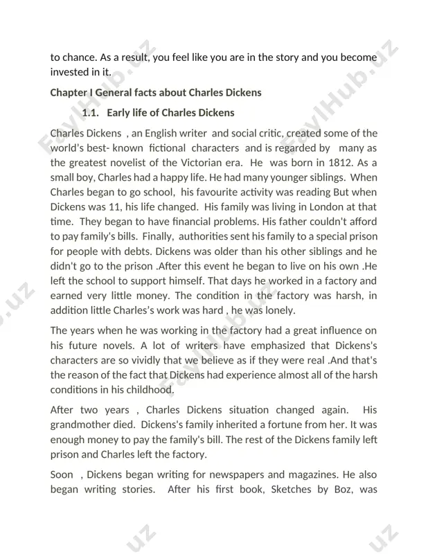 1836, he published his first book called " the pickwick papers " . this book was very successful but it was only the first of many of dickens stories. the novels written by dickens were published in monthly or weekly instalments. this pioneered the serial publication of narrative fiction that was to become the dominant mode for novel publication in the victorian era. since this allowed the time for audience reviews, dickens could modify the plot and develop the characters on the feedback. dickens had picked on the style of the picaresque novels that he could find on his father’s shelves. another important literary style of charles dickens influence could be found from that of the fables of the arabian nights.¹ [ john carey, the violent effigy; 1972, 102p] in dickens time, children were exploited and forced to work in 8difficult condition. victorian society mostly middle class, believed in strong …