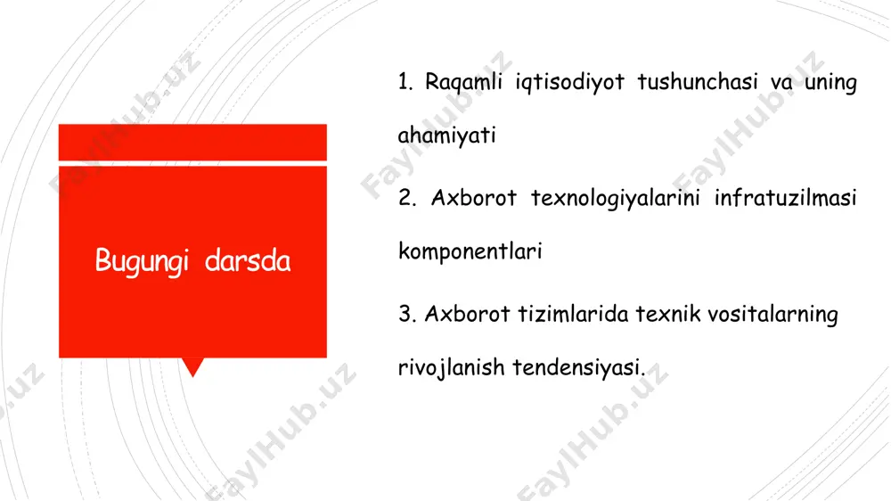 a raqamli iqtisodiyot rivojlangan 10 ta davlatlar qatoriga aqsh, buyuk britaniya, daniya, finlandiya, singapur, janubiy koreya va gonkong kiradi. norvegiya shvetsiya shvetsariya mamlakatimizda raqamli iqtisodiyotni yanada rivojlantirish uchun, o‘zbekiston respublikasi prezidentining 2020-yil 28-apreldagi «raqamli iqtisodiyot va elektron hukumatni keng joriy etish chora-tadbirlari to‘g‘risida»gi pq-4699-son qarori qabul qilindi. o‘zbekiston respublikasi vazirlar mahkamasining 2020-yil 25-iyundagi «o‘zbekiston respublikasi axborot texnologiyalari va kommunikatsiyalarini rivojlantirish vazirligi tizimidagi ayrim tashkilotlarning faoliyatini tashkil etish chora-tadbirlari to‘g‘risida»gi 409-son qarori bilan axborot texnologiyalari va kommunikatsiyalarini rivojlantirish vazirligi huzurida «raqamli iqtisodiyot tadqiqotlari markazi» davlat muassasasi tashkil etildi. yurtimiz rivojlanishida raqamli iqtisodiyotning o‘rni axborot texnologiyalarini infratuzilmasi komponentlari. infratuzilma (lotincha: infra — „ostida“) — ishlab chiqarish va tovar muomalasi, shuningdek, inson hayot faoliyati uchun zarur boʻlgan meʼyoriy sharoitni taʼminlashga xizmat qiluvchi turli-tuman yordamchi xizmat koʻrsatuvchi sohalar (tashkilot, korxona va muassasa) majmui; ishlab chiqarishga va butun iqtisodiyotga xizmat qiladigan, ular uchun goʻyoki umumiy poydevor, tayanch yaratadigan tarmoqlar va faoliyat turlari majmui. nomoddiy ishlab …