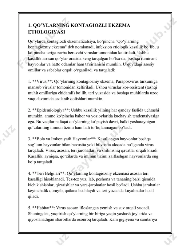 da hayvonning og’zi atrofida yoki yuz qismida mayda qizil dog’lar sifatida boshlanadi. bu dog’lar keyinchalik o’choqli tarzda tarqalishi mumkin. 2. **pufakchalar**: dog’lar qizarishi ortidan, bir necha kun ichida, o’sha joylarda mayda pufakchalar (vezikullar) paydo bo’ladi. bu pufakchalar ichida tiniq suyuqlik mavjud bo’ladi va ko’pincha guruh bo’lib keladi. 3. **qo’rqmaktadır**: pufakchalar tezda yoriladi va ularning o’rnida yaralar hosil bo’ladi. yaralar bunga o’xshash infektsiyalar bilan yuqishga moyil. ushbu jarayon 1-2 hafta davomida rivojlanishi mumkin. 4. **yara hosil bo’lish**: yorilgan pufakchalar infektsiyalanib, qalin qo’yishiq qizg’ish yoki sariq po’stlog’air hosil qiladi. bu yaralar ko’p hollarda katta maydonlarni ega bo’ladi va yaralar 3-4 haftagacha davomida qolishi mumkin. 5. **ko’pikli shishlar**: ba’zi hollarda, maxsus ko’pikli shishlar yuzaga kelishi mumkin, bu esa og’riq beruvchi bo’lib, hayvonning ovqat yeyishini qiyinlashtirishi mumkin. 6. **tarqalish joylari**: kasallik birinchi navbatda hayvonning og’zi atrofida ko’proq tarqaladi, lekin ayniqsa yel qo’ziqorin qismida, tos va orqa oyoqlarda ham rivojlanishi mumkin. 7. **oziqlana olmaslik**: og’riq …