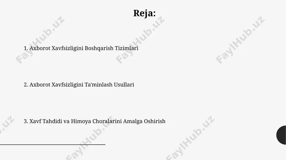 auditlari va tekshiruvlari xavfsizlik auditlari tizimning zaif tomonlarini aniqlash uchun kamida 30 ta turli xavfsizlik nazoratlarini o'z ichiga olishi kerak, bu esa potentsial tahdidlarni bartaraf etishga yordam beradi. xavfsizlik tekshiruvlari va auditlarining samaradorligi, 1 yilda kamida 2 marta o'tkazilishi va topilgan kamchiliklarni bartaraf etish bo'yicha aniq rejalar tuzilishi bilan baholanadi. ma'lumotlarni zahiralash va tiklash avtomatik zahira nusxalash tizimlarini qo'llash, inson xatoligini kamaytiradi va ma'lumotlarning doimiy ravishda zahira nusxasi olinishini ta'minlaydi. bu jarayonni kamida kuniga 2 marta amalga oshirish maqsadga muvofiqdir. zahira nusxalarini shifrlash va kirishni boshqarish orqali ma'lumotlarning ruxsatsiz kirishdan himoyalanishini ta'minlash muhim ahamiyatga ega. aes-256 kabi kuchli algoritmlardan foydalanish tavsiya etiladi. tarmoq xavfsizligi tarmoqdagi zaif joylarni aniqlash uchun muntazam ravishda zaifliklarni tekshirish va penetration testing o'tkazish, potentsial tahdidlarni 75% ga kamaytirishi mumkin. vpn va firewall kabi tarmoq xavfsizlik devorlari va shifrlash texnologiyalaridan foydalanish, ma'lumotlarni ruxsatsiz kirishdan himoya qilib, ma'lumotlar yo'qotilish xavfini 50% ga kamaytiradi. xavfsizlik siyosati va qoidalari qoidalarga …