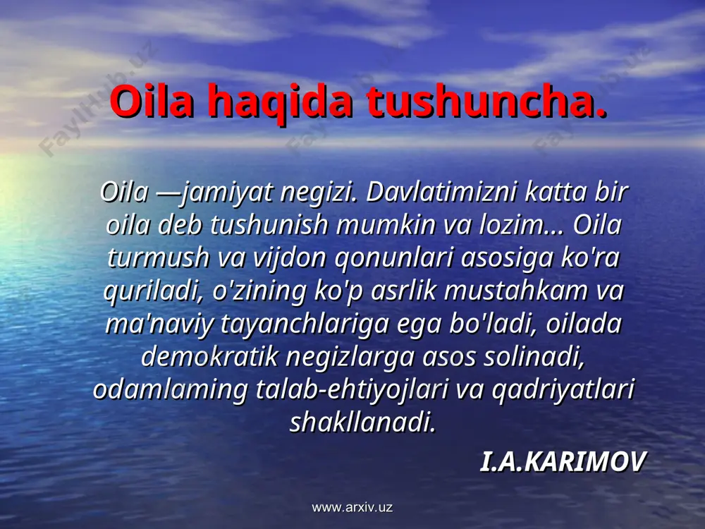 bunyodga keltirishdan iboratdir. o'zbek oilasining dunyodagi boshqa oilalarga o'xshash tomoni ko'p, shu bilan birga o'ziga xos jihatlari bor. xalqimizning: "nikoh eng avvalo arshi a'loda o'qiladi, keyin esa yerda" degan naqli behuda aytilmagan. ota-bobolarimizning azaliy tushunchalari bo'yicha nikoh ilohiy ahd, oila muqaddasdir. "xotinlaringiz ziroatgohingizdir" deyiladi qur'oni karimning www.arxiv.uz www.arxiv.uz baqara surasi 223-oyatida. oila qurishdan asosiy maqsad farzand ko'rishdir. hadisi shariflarda: "kimgaki alloh taolo soliha xotin nasib etgan bo'lsa, dinining yarmiga taqvo qilibdi, qolgan yarmiga o'zi taqvo qilsin". "xotin kishi qovurg'adan yaratilgan, agar sen qovurg'ani to'g'rilayman desang sindirasan, murosa qil-u, u bilan yasha" deyilgan. demak, ayolni ayol deb bilib, murosa qilish lozim. oila tarixan tarkib topgani sabab hozirgi vaqtda "oilashunoslik" fani ham rivojlanmoqda. chunki sog'lom avlodni tarbiya topishida oilaga e'tibor muhim ahamiyatga egadir. hozirgi kunda "oilashunoslik" fanining asosiy maqsadi quyidagilardan iboratdir. www.arxiv.uz www.arxiv.uz 1. yoshlarni oilaviy hayotga tayyorlash; 2. kelgusi jamiyatni boshqaruvchi, sog'lom, aqlan teran, mehnatkash, o'z vataniga sodiq avlodlar, urf-odatlariga hurmat …