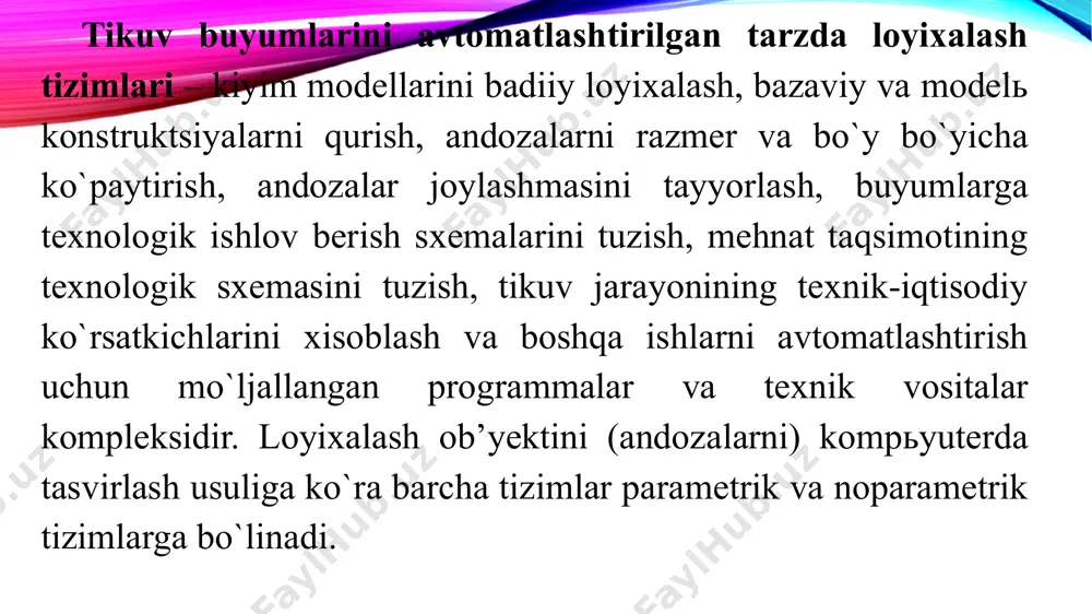 ”dizayn moduli, uch o`lchamli ob’yektlarni vizual ko`rinishda tasvirlovchi v-stitcher kabi maxsus programma modullari mavjud. “konstruktor” –andoza konturlarini konstruktsiyalash, “siluet” - andoza konturlarini konstruktiv modellashtirish, “accumark” – andazalarning avtomatlashtirilgan joylashmalarini bajarish uchun mo`ljallangan. yordamchi programma modullariga egri chiziqlarni oson tasvirlay oluvchi va ular shaklini o`zgatiruvchi opengl grafik biblioteka (uch o`lchamli grafika programma), ma’lumotlar konvertori kiradi. ma’lumotlar konvertori boshqa sapr tizimlarida qurilgan andoza konturlarini xam “o`qish”, foydalanuvchi uchun qulay formatda ko`rsatish imkoniyatiga ega. ko`pchilik kiyim uchun mo`ljallangan zamonaviy alt konstruktorlik tizimlari turli funktsional imkoniyatlarini kengaytirish yo`nalishida rivojlanmoqda: grafik elementlarni qurishning turli usullarini yaratish, taxrirlash; oddiy grafik vositalardan andoza elementlarini shakllantirish, andozalarni taxrirlash; gradatsiya qoidalarini berish va tekshirish; uzunlik, burchak kattaligi, kiyimlarni avtomatlashtirilgan tarzda konstruktiv modellash usullariga agregatlash, kombinatorika, andazalarni qurishni algoritmlash, bazali asosni konstruktiv-dekorativ modifikatsiyalash kabilar kiradi. agregatlash (modulli loyihalash) usuli turli modellarni standart va unifikatsiyalangan bo`laklarning (konstruktiv modullarning) cheklangan sonidan tuzishga asoslangan. konstruktiv modullar ro`yxati konstruktiv parametr, kontur chiziq va detallarning …