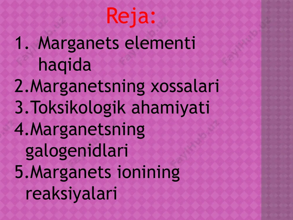bul qilingandan tashqari ular nafas yo’llari orqali organizmga tushganda ham zaharli ta’sir ko’rsatadi. marganetsning toksikologik ahamiyati bu elementning xalq xo’jaligida keng miqyosda qo’llanilishi bilantushuntirilishi mumkin. 8 marganets elementi erkin holda elektrodlar tayyorlashda, uning birikmalari esa idish-tovoqlarni sirlashda, to’qimachilikda matolarni bo’yashda ishlatiladi.marganets tuzlaridan kaliy permanganat tibbiyotda kuchli antiseptik sifatida, kimyo sanoati va labaratoriyalarida kuchli oksidlovchi sifatida ishlatiladi. odam organizmi uchun kaliy permanganatning halokatga olib boradigan letal dozasi 15-20 g atrofida galogenidlar ftoridlari: mnf2ni olish uchun mnco3 ga hf ta’sir ettirib olinadi. ftorid suyultirilgan hf da eriydi. mnf2 beqaror. mnf2*4h2o ni hosil qiladi, ammiakatda mnf2*2nh3 oson parchalanadi, ishqoriy metallarning ftoridlari bilan qo’sh tuzlarni tashkil qiladi. xloridlar: suvsiz mncl2ni olish uchun oksidi, karbonati yoki metall mn ga quruq hcl ta’sir ettirib, yoki marganetsni cl2 oqimida yondirib olinadi.mncl2 mncl*4h2o ko’rinishida kristallanadi. bromidlari: mnbr2 tashqi ko’rinishi va xossalari jihatidan mncl2 ga juda o’xshash. ammo bromidlarning xloridlarga qaraganda qo’sh tuzlarni hosil qilishi past. mnbr2 1;2;4 yoki …