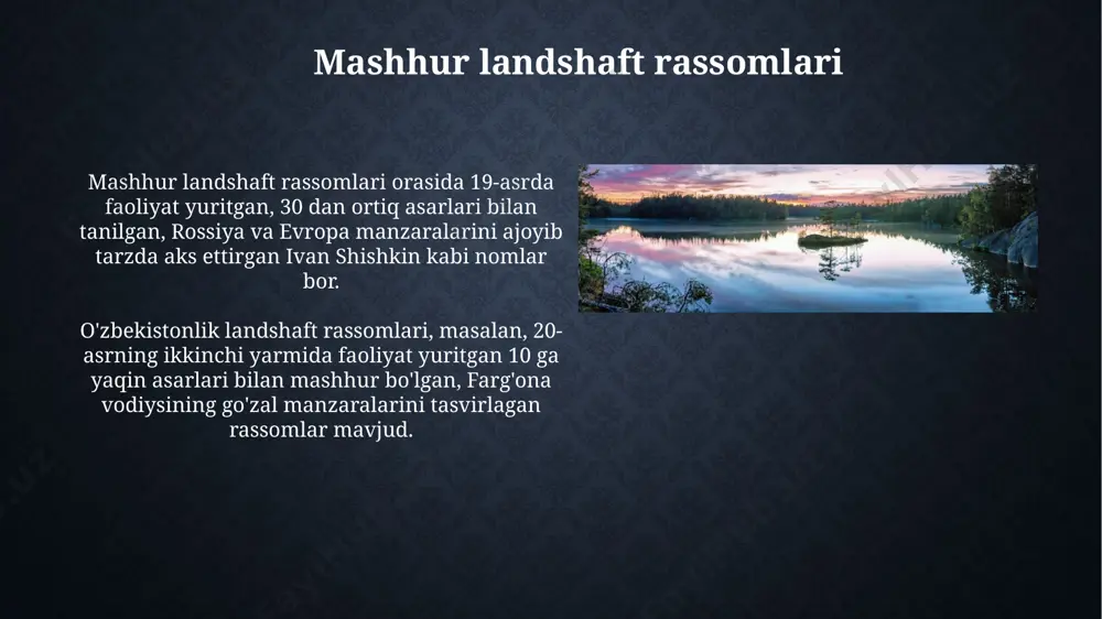 buxoro va samarqandning noyob manzaralari ham bor. landshaftlarning turlari sahrolarning turli xil landshaftlari, masalan, qoraqalpogʻistonning 20000 kv.km dan ortiq maydonni egallagan qumli choʻllari, oʻsimlik va hayvonot dunyosining noyob turlarini saqlab qolgan. qirgʻizistonning togʻli hududlarida joylashgan 3000 metrdan yuqori balandlikdagi alp landshaftlari, muzliklar va koʻllar bilan ajralib turadi, va turizm uchun katta potentsialga ega. qishloq landshaftlari qishloq landshaftlarining 30% dan ortig'i farg'ona vodiysida joylashgan bo'lib, bu yerda 500 dan ortiq qishloq xo'jaligi ekinlari yetishtiriladi. qashqadaryo viloyatining qishloq landshaftlarida, taxminan 1500 kvadrat kilometr maydonni egallagan, balandligi 1000 metrdan oshadigan tog'li hududlar mavjud. manzarali landshaftlarning ta'rifi o'zbekistonning qoraqalpog'iston respublikasidagi amudaryo bo'ylaridagi qumli cho'llar, o'zining noyob 50 dan ortiq qum tepaliklarining shakllari bilan, manzarali landshaftlarning noyob turini namoyish etadi. dunyoning 7 ta mo''jizasidan biri bo'lgan grand canyon, o'zining chuqurligi va kengligi bilan 1,6 km dan ortiq, manzarali landshaftlarning ajoyib misolidir. landshaft suratlarining tarixi xitoy landshaft rasmlari, ming yillar davomida rivojlanib, song sulolasi (960-1279) davrida …