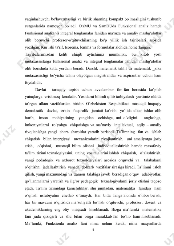 sosan 4 ga bo’linadi: i. kirish, ii. asosiy qism, iii. xulosa, iv. foydalanilgan adabiyotlar ro’yxati, hamda ilovadan iborat bo’ldi. matematika sohasidagi ta’lim sifatini oshirish va ilmiy - tadqiqotlarni rivojlantirish chora-tadbirlari to’g’risida qarori. mamlakatimizda matematika 2020- yildagi ilm – fanni rivojlantirishning ustuvor yo’nalishlaridan biri sifatida belgilandi. o’tgan davr ichida matematika ilm – fani va ta’limini yangi sifat bosqichiga olib chiqishga qaratilgan qator tizimli ishlar amalga oshirildi. birinchidan, ilg’or ilmiy markazlarda faoliyat yuritayotgan vatandosh matematik olimlarning taklif qilinishi va xalqaro ilmiy- tadqiqotlar olib borilishi uchun zarur shart- sharoit yaratildi. ikkinchidan, xalqaro fan olimpiyadalarida g’olib bo’lgan yoshlarimiz va ularning murabbiy ustozlari mehnatini rag’batlantirish tizimi joriy etildi. uchinchidan, oliy ta’lim va ilmiy- tadqiqotlarning o’zaro integratsiyalashuvini ta’minlash maqsadida talabalar shaharchasi fanlar akademiyasining b.i .romanovskiy nomidagi matematika institutining ( keyingi o’rinlarda - institut ) yangi va zamonaviy binosi barpo etildi. matematika sohasidagi fundamental tadqiqotlarni moliyalashtirish hajmi bir yarim barobarga oshirildi, budjet mablag’lari hisobidan superkompyuter, zamonaviy texnika …