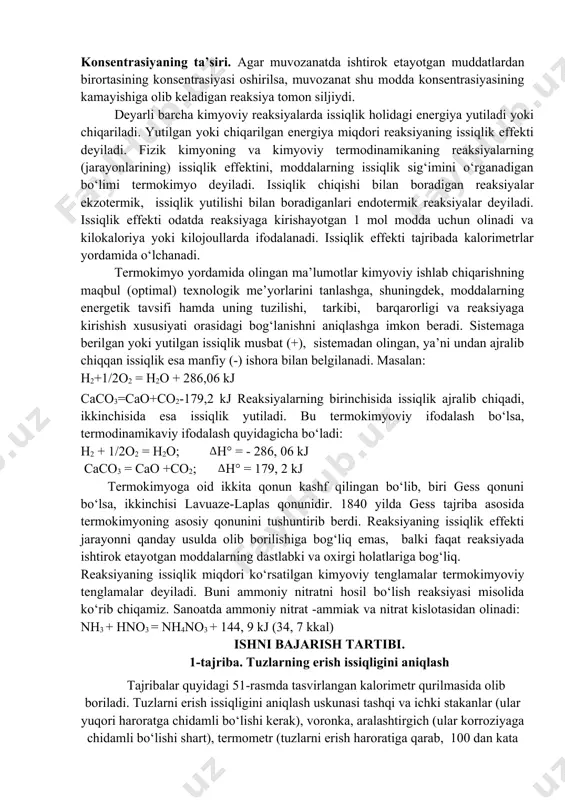 ligining qiymati quyidagicha bo‘ladi: v = k [a]m[b]n qaytar reaksiyalarni umumiy ko‘rinishda quyidagicha yozish mumkin: aa+bb ss+dd to‘g‘ri va teskari reaksiyalarning tezliklarini mos ravishda v1 va v2 bilan belgilasak: v1 = k1[a]a[b]b v2 = k2[s]s[d]d bo‘ladi. qarama–qarshi reaksiyalarning tezliklari teng bo‘lgan holat kimyoviy muvozanat deyiladi, ya’ni v1 = v2 bo‘lganda muvozanat qaror topadi. demak, k1 [a]a[b]b = k2[s]s[d]d bundan k–muvozanat konstantasi. muvozanat konstantasi reaksiyaning qanchalik chuqur borishini, reaksiya uchun olingan moddalarning qancha qismi reaksiyaga kirishganini ko‘rsatadi. k ning qiymati qanchalik katta bo‘lsa, reaksiya mahsuli ham shuncha katta bo‘ladi. tashqi sharoit ta’sirida konsentrasiyalarning o‘zgarishi muvozanatning siljishi deyiladi. tashqi sharoit ta’sirida muvozanatning qaysi tomonga siljishi le–shatelye prinsipiga bo‘ysunadi: agar muvozanat holatidagi sistemadagi tashqi ta’sir natijasida ro‘y bergan o‘zgarishini yo‘qotish tomonga siljiydi. temperaturaning ta’siri. temperaturani ko‘tarish muvozanatni endotermik reaksiya tomon, temperaturaning pasayishi esa ekzotermik reaksiya tomon siljitadi. bosimning ta’siri. bosimning ortishi muvozanatni gaz aralashmasidagi molekulalar umumiy sonining kamayishiga olib keladigan reaksiya tomon siljitadi. …