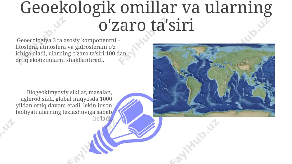 ishni optimallashtirish mumkin. geoekologik baholash 30 dan ortiq ekologik omillarni hisobga olgan holda, sanoat loyihalarining atrof-muhitga ta'sirini aniqlash va 7 balldan ortiq bo'lgan risklarni bartaraf etishda muhim rol o'ynaydi. geoekologiya tushunchasi va uning ahamiyati geoekologik tadqiqotlar atrof-muhitning 5 ta asosiy omilini (havo, suv, tuproq, flora, fauna) tahlil qilish orqali tabiiy resurslarni boshqarishga yordam beradi. геоэкология 3 ta asosiy komponentni – geosfera, biosfera va antroposferani o’z ichiga oladi, ularning o’zaro ta’siri 70% dan ortiq ekologik muammolarni keltirib chiqaradi. landshaft geoekologiyasi 01 02 landshaft geoekologiyasi tadqiqotlarida 10 dan ortiq turli xil sensorlardan olingan ma’lumotlar, masalan, sun’iy yo'ldosh va dron tasvirlari, gis texnologiyalari yordamida tahlil qilinadi. sales 1st qtr 2nd qtr 100 0 sales 1st qtr 2nd qtr 100 0 e'tiboringiz uchun rahmat @taqdimot_robot image4.jpg image5.jpg image6.jpg image7.jpg image8.jpg image9.jpg image10.jpg image11.jpg image12.jpg image13.jpg image14.jpg image15.jpg image1.jpeg image2.jpeg image3.jpeg