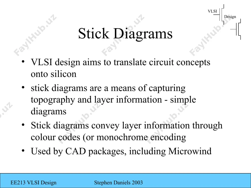 and opens via may not be cut all the way through undersize via has too much resistance oversize via may short ee213 vlsi design stephen daniels 2003 vlsi design meta design rules basic reasons for design rules rules that generate design rules under worst case misalignment and maximum edge movement of any feature, no serious performance degradation should occur ee213 vlsi design stephen daniels 2003 vlsi design advantages of generalised design rules ease of learning because they are scalable, portable, durable longlevity of designs that are simple, abstract and minimal clutter increased designer efficiency automatic translation to final layout ee213 vlsi design stephen daniels 2003 vlsi design references pucknell and eshraghian pages 62 - 92 fabricius pages76 – 82 any vlsi / ulsi design book