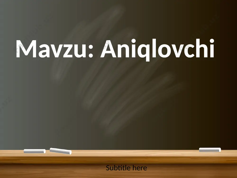 oyli qiz, uchburchakni olmoq, telivizorning burchagi. ushbu so’z birikmalaridan qaysilari aniqlovchili birikmalar? tagigga chizing. bu so’z birikmalaridan qaysilarining tobe bo’lagi yuqoridagi shakllarga mos? so’z bilan shaklni birlashtiring. aniqlovchili birikma bilan aloqasi yo’q bo’lgan geometric shaklni sariq ranga bo’yang. kundalik turmushingizdagi jihozlardan qaysi biri yuqor[idagi biometrik shaklga o’xshaydi? ularni qatnashtirib aniqlovchili birikma tuzing. 1. aniqlovchi, to’lqin, akardion 2. bu so’zlarda qanday umumiy ma’no asosida birlashadi 1. bu jihoz va so’zlarni qatnashtirib gaplar tuzing. tuzgan gapingizni 3 - so’zi aniqlovchi bo’lsin 3. nima uchun aniqlovchi gap bo’lagiga shunday deb nom berilgan deb o’ylaysiz? 4. tevarak atrofingizda qanday joy va muassasa nomlari va atamalar aniqlovchilik birikma shaklida 4 ta yozing. uyga vazifa 154-mashq. sabr odat bilim mehr so’zlari ishtirokida gaplar tuzish ulardan aniqlovchilardan foydalanish. darsning xulosasi: aniqlovchi bizga hayotda oq va qorani yaxshi va yomonni ajratishga yordam beradi. e’tiboringiz uchun rahmat! image2.gif image3.jpg image4.jpeg image5.jpeg image6.jpeg image7.jpeg image8.jpeg image9.jpeg image10.jpeg image11.jpeg image12.jpeg image13.jpeg …