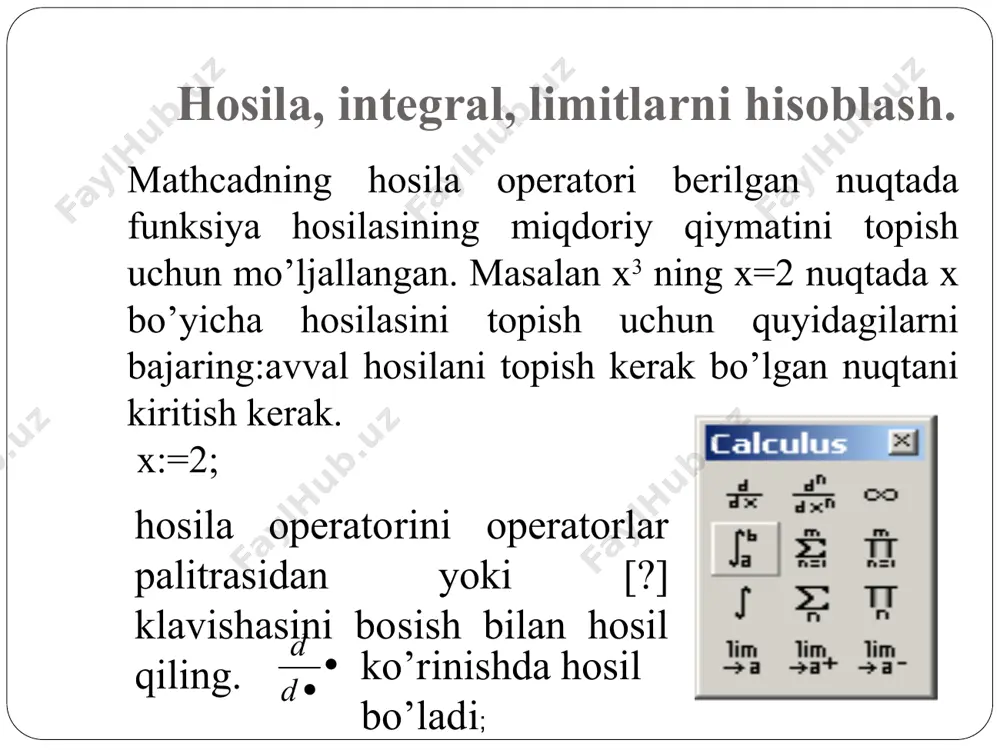 sturlash dasturlash mathcadda asosiy o‘rin tutadi. mathcad ko‘plab masalalarni dastursiz yechish imkoninii beradi. lekin shunday sinf masalalari borki ularni dastursiz yechib bo‘lmaydi. mathcad har qanday murakkab dasturni kiritish imkonini beradi. mathcadda dasturlash juda aniq va tushunarli, unda dastur bir necha ketma-ket formulalarni ifodalaydi. dasturlashning asosiy operatorlari programming (dasturlash) panelida joylashgan. dastur qatorini kiritish. dasturni tuzish uchun uning qatorlarini kiritish kerak bo‘ladi. bu quyidagi keltirilgan protsedurada bajariladi: dastur ifodasi nomini kiritish. yuborish operatorini (:=) kiritish. dasturlash panelidan add program line (dastur qatorini qo‘shish) tugmasini bosish. dasturlash operatorlarining vazifasi add line – qora uzun vertikal chiziqdan iborat bo’lib, chiziqdan o’ng tomonda dasturni yozish uchun joy ajratadi va dasturni boshi va oxirini bildiradi. ← - lokal o’zlashtirish operatori. if – shart operatori. for – takrorlash operatori. while- shartli takrorlash operatori. otherwise- boshqa hollarda. break – to’xtatish. continue- davom ettirish. return- qaytarish. on error- xatolik add line operatori qora uzun vertikal chiziqdan iborat bo’lib, …