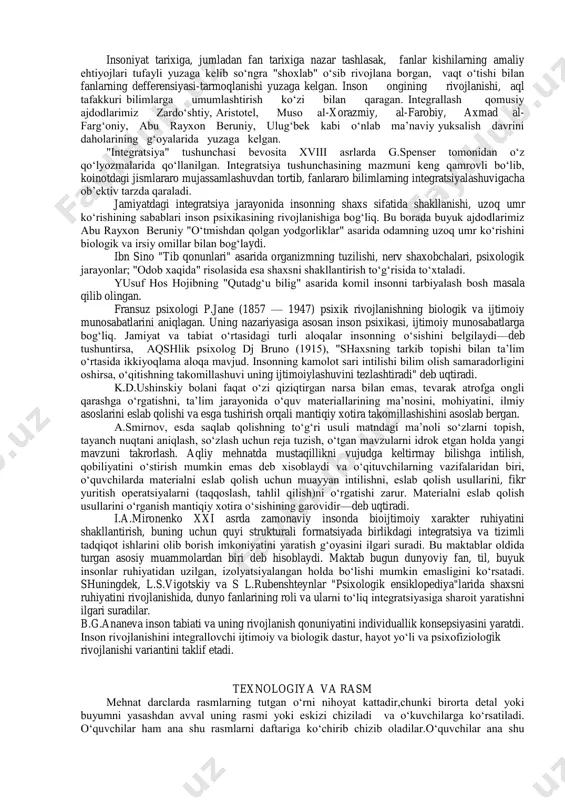 n n.s.svetlovskaya integratsiyani "aniqlangan bir jinsli elementning turli birlikda bo‘lgan bir nechta bo‘laklaridan yangi butun narsani (o‘quv predmetlari, faoliyat turlarini) yaratish, keyin esa, bu element bo‘laklarini ilgari mavjud bo‘lmagan alohida yaxlit sifatga birlashtirish" deb tushunadi. va, u integratsiya bir nechta o‘quv predmeti materiallarini, metodikaning vazifasi va yagona maqsadiga tabiiy bo‘ysundirish asosida tuzish usuli - deb ta’riflaydi. l.n.bakareva "integratsiya" tushunchasini shunga o‘xshash talqin qiladi. u integratsiyani fanlarni aloqasi va yaqinlashishi sifatida ochib beradi. "integratsiya-fanlararo aloqa, o‘qitishni yangi sifat darajaga ko‘taruvchi, ya’ni bir butun "bilimlar monoliti" ni yaratishga imkon beruvchi vosita" deb ta’rif beradi. yu.m.kolyaginning fikriga ko‘ra, "integratsiya" tushunchasini ikki xil ma’noda anglash mumkin. birinchisiga ko‘ra, "integrapiya" — deganda, atrof muxit haqida yaxlit tasavvurni yaratish (bu yerda integratsiya, o‘qitish maqsadi sifatida qaraladi). ikkinchisiga ko‘ra, integratsiya- o‘qitish vositasi sifatida qaralib, predmetlardagi bilimlarni yaqinlashtiruvchi umumiy platformani topish vositasi sifatida). integratsiya ta’riflari "integratsiya"—bir nechta o‘quv predmeti materiallarini, metodikaning vazifasi va yagona maqsadiga tabiiy bo‘ysundirish asosida …