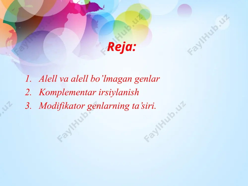 uvchi gen ta’sir qiladi. polimeriyaga misol qilib bug‘doyda don rangini irsiylanishini ko‘rsatish joiz. bug‘doyning qizil va oq donli navlari chatishtirilsa, f1 avlodda donning qizil rangi dominantlik qiladi. birinchi avlod duragay o‘simliklar o‘zaro chatishtirilgan taqdirda, ulardan hosil bo‘lgan ikkinchi avlod duragaylarda 15/16 qizil, 1/16 oq donli bo‘ladi polimer irsiylanish kumulyativ va nokumulyativ polimeriyaga ajratiladi. kumulyativ polimeriya miqdor belgilarni, nokumulyativ polimeriya esa sifat belgilarining irsiylanishini namoyon etadi. yuqoridagi qizil va oq bug‘doy chatishtirishdan olingan natijalar kumulyativ polimeriyaga misoldir. kumulyativ polimeriya irsiylanishda duragaylarning birinchi va ikkinchi avlodida belgilarning rivojlanish darajasi dominant genlar soniga bog‘liq bo‘ladi. shunga ko‘ra duragay genotipda to‘rtta dominant gen bo‘lgan taqdirda qizil, 3 ta dominant gen bo‘lsa och qizil, 2 ta dominant gen bo‘lsa pushti, 1 ta bo‘lsa och pushti rangli donlar rivojlanadi. genotipda dominant genlar bo‘lmasa don oq rangli bo‘ladi. genlarning ko‘p tomonlama ta’siri – pleyotropiyada bir gen bir vaqtning ozida bir qancha belgilarning rivojlanishiga ta’sir ko‘rsatadi. misol tariqasida …