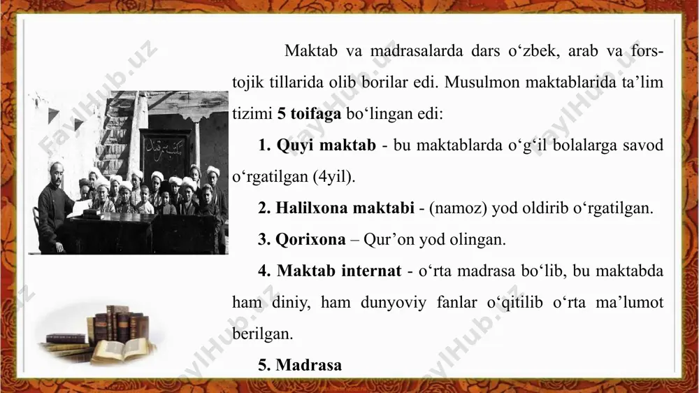 chora-tadbirlar qatorida islom dini me’yorlarini, qur’on oyatlari va hadislarni, shariat hukmlarini to‘g‘ri talqin etish, ta’lim tizimini isloh qilish, uni zamon talablariga moslashtirish kabilar bor edi. 14.03.2024 16 jadidlarning islomga oid g‘oyalari ularni islomning asosiy ta’limotini o‘zgartirishga intilganlar, degan xulosaga olib kelmasligi kerak. sababi ular o‘z faoliyatlarida qur’onni ham, umuman, butun islom ta’limotini ham to‘g‘ri izohlab berganlar. 14.03.2024 17 1909-yilda mahmudxo‘ja behbudiy, 1910-yilda abdulla avloniy, 1915-yilda abdurauf abdurahim o‘g‘li fitrat tomonidan islom tarixiga oid asarlar yaratildi. xx asr boshiga kelib turkis­tonda jadid ziyolilarining butun bir avlodi, o‘lka ma’naviy-ma’rifiy soha taraqqiyotiga, milliy madaniyatning rivojlanishiga katta hissa qo‘shgan namoyandalari vujudga keldi. 14.03.2024 http://aida.ucoz.ru 18 turkis­ton jadidlari yangi usul maktablari. behbudiy, munavvarqori, abdulla avloniy kabi boshqa milliy taraqqiyparvarlar ham ma’rifatparvarlik faoliyatini olib borib, yangi maktablar, xayriya jamiyatlari, kutubxona va kitob do‘konlari ochdilar. jumladan, 1900-yildan boshlab toshkentda jadidchilik harakatining yirik namoyondasi munavvarqori abdurashidxonov, samarqandda abduqodir shukuriy tashkil qilgan yangi usul maktablari ish boshlagan 14.03.2024 http://aida.ucoz.ru …