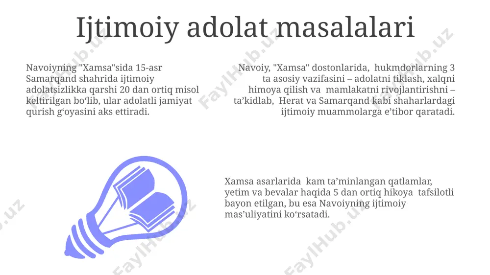 halollikning uyg'unligini ko'rsatib, 100 dan ziyod bayt orqali buning ijtimoiy ahamiyatini ta'kidlaydi. insonparvarlik va rahm-shafqat navoiyning asarlarida 100 dan ortiq hikoyalar orqali, insonlar o'rtasidagi mehr-oqibat va rahm-shafqat munosabatlari, qadr-qimmat va adolat tamoyillari buxoro va xorazm kabi hududlarda hukmron bo'lishi kerakligi ta'kidlanadi. "layli va majnun" dostoni orqali 30 dan ziyod she'riy misralar orqali insoniylik, mehr-oqibat va rahm-shafqatning ahamiyati ta'kidlanadi, bu esa o'sha davr madaniy muhitiga mos keladi. navoiyning "xamsa"sidagi 5 ta doston orqali insonparvarlik g'oyasi 15-asr samarqand shahri va uning atrofidagi jamiyat hayotiga oid 20 dan ortiq voqea orqali tasvirlangan. xalqqa xizmat qilish g'oyasi "layli va majnun" dostoni orqali esa, 100 dan ortiq qo'shiq va hikoyalar orqali, xalqqa xizmat qilish va ularning farovonligini ta'minlash g'oyasi samarqand va buxoro kabi shaharlar misolida ko'rsatiladi. navoiyning "xamsa"sida xalqqa xizmat qilish g'oyasi 5 ta doston orqali, jumladan, "farhod va shirin"da 20 mingdan ortiq odamni ish bilan ta'minlash orqali namoyon bo'ladi. "xamsa"dagi 4 ta qahramon – …