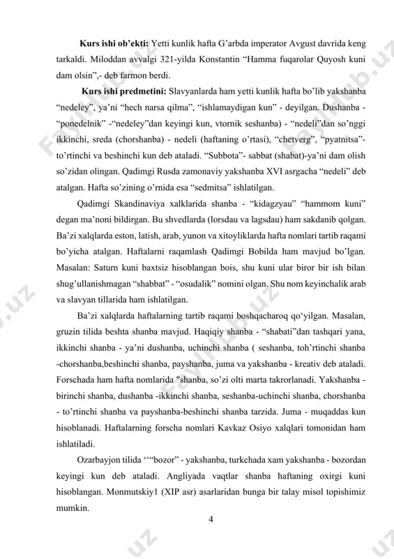hu nom keyinchalik arab va slavyan tillarida ham ishlatilgan. ba’zi xalqlarda haftalarning tartib raqami boshqacharoq qo‘yilgan. masalan, gruzin tilida beshta shanba mavjud. haqiqiy shanba - “shabati”dan tashqari yana, ikkinchi shanba - ya’ni dushanba, uchinchi shanba ( seshanba, toh’rtinchi shanba -chorshanba,beshinchi shanba, payshanba, juma va yakshanba - kreativ deb ataladi. forschada ham hafta nomlarida "shanba, so’zi olti marta takrorlanadi. yakshanba - birinchi shanba, dushanba -ikkinchi shanba, seshanba-uchinchi shanba, chorshanba - to’rtinchi shanba va payshanba-beshinchi shanba tarzida. juma - muqaddas kun hisoblanadi. haftalarning forscha nomlari kavkaz osiyo xalqlari tomonidan ham ishlatiladi. ozarbayjon tilida ‘‘“bozor” - yakshanba, turkchada xam yakshanba - bozordan keyingi kun deb ataladi. angliyada vaqtlar shanba haftaning oxirgi kuni hisoblangan. monmutskiy1 (xip asr) asarlaridan bunga bir talay misol topishimiz mumkin. xulosa sifatida shuni aytish mumkinki, turli nomlarda va shakllardagi haftalardan foydalanilgan. sutka va uning dastlabki shakllari. yer sharining o`z o`ki atrofida bir marta aylanib chikishi uchun ketgan vakt sutka deb …