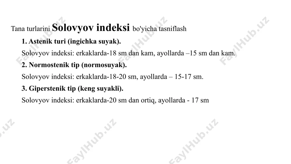 moniy rivojlanishi haqida xulosa chiqaring. chulitskaya indeksi, shuningdek, semirishni baholashga imkon beradi: 3×yelka aylanasi +son aylanasi+pastki oyoq aylanasi – tana uzunligi. normotrofiya bilan indeks qiymati 20-25 ni tashkil qiladi tana massasi indeksi tana vaznining og'ishlarini aniqlashga imkon beradi. bmi-tana massasi indeksi (body mass index) bmi formula bo'yicha hisoblanadi: bmi= bu yerda: m-inson tanasining vazni (kilogrammda) h-inson tanasining uzunligi (metrlarda). bmi ning quyidagi qiymatlari ajratiladi: 15 dan kam-o'tkir vazn yetishmovchiligi; 15 dan 20 gacha – vazn yetishmasligi; 20 dan 25 gacha – normal vazn; 25 dan 30 gacha – ortiqcha vazn; 30 dan ortiq – semirish. mushaklar kuchini aniqlash maqsad: qo'l mushaklarining kuchini va kuchga chidamlilikni o'lchash texnikasini ishlab chiqish. tadqiqot ob'ekti: inson. uskunalar: qo’l panjasi va bel dinamometrlari, sekundomer. ish jarayoni: 1. tekshiriluvchi o'ng qo'liga qo’l panjasi dinamometrni oladi va uni yon tomonga olib boradi, shunda qo'l va tanasi o'rtasida to'g'ri burchak hosil bo’ladi. 2. u ikkinchi qo'lini tanasi bo'ylab …