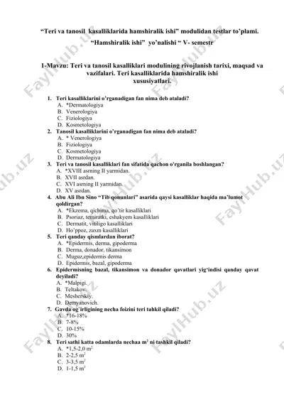 teri va tanosil kasalliklarida hamshiralik ishi modulidan testlar to’plami — DOCX